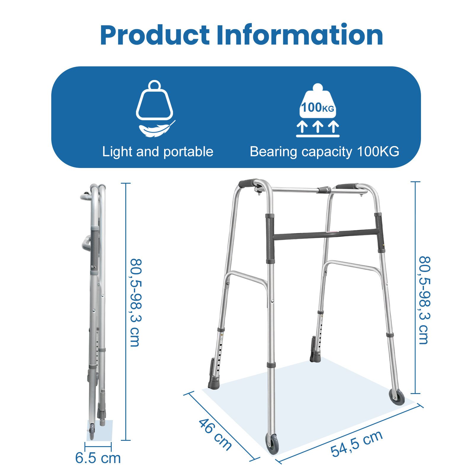 BBG Unterarmkrücke Aluminium faltbarer Gehwagen höhenverstellbar,bis 100 kg Belastbarkeit, mit Anti-Rutsch-Silikon, leicht tragbar & stabil