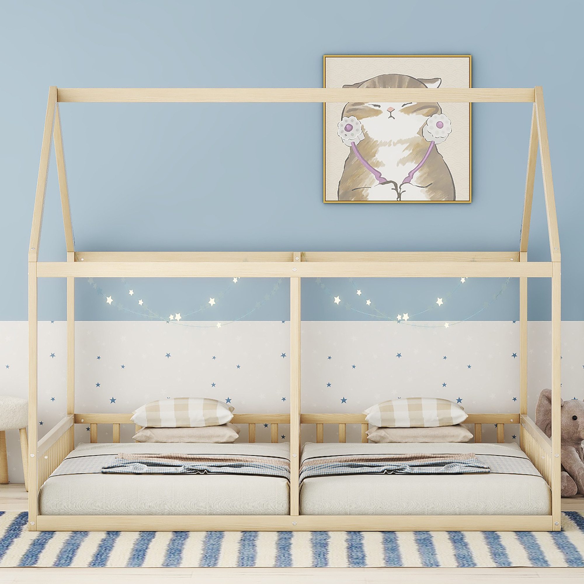Merax Hausbett, 90*200cm, Praktisches 2-in-1 Podestbett aus Kiefernholz mit Dachdesign