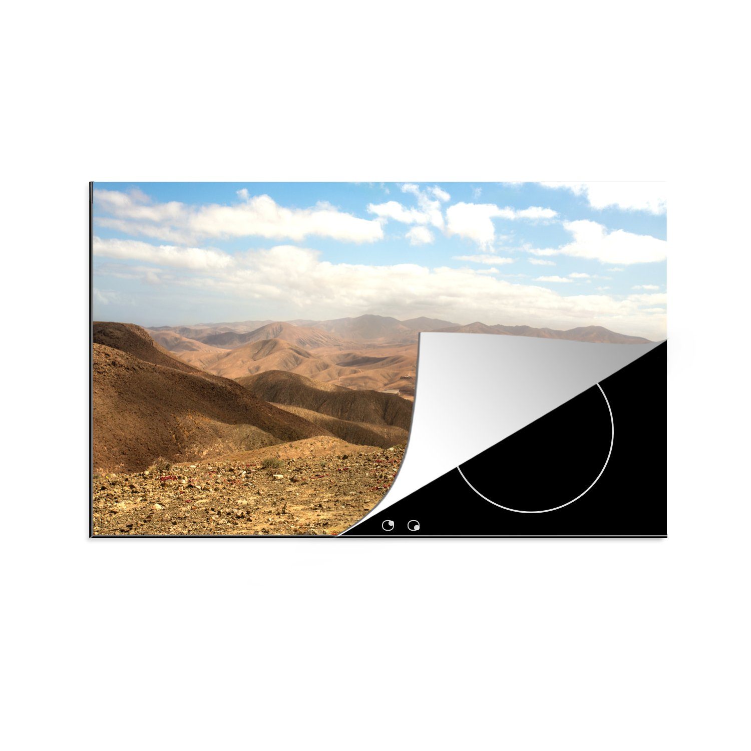 MuchoWow Herdblende-/Abdeckplatte Ein Panoramafoto einer großen Bergkette auf Fuerteventura, Vinyl, (1 tlg), 83x51 cm, Ceranfeldabdeckung, Arbeitsplatte für küche