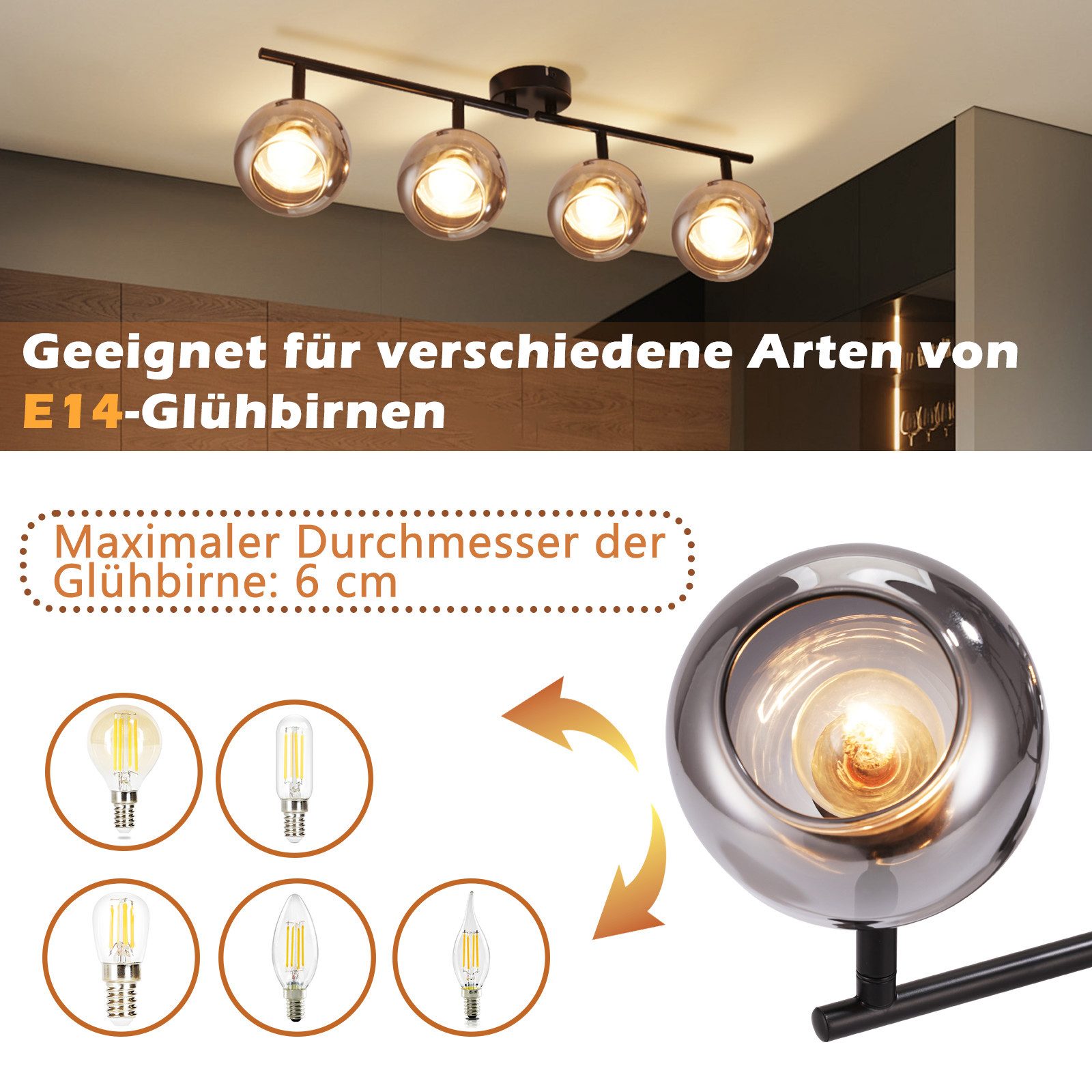 Nettlife Deckenstrahler Glas Vintage Rauchgrau E14 günstig online kaufen