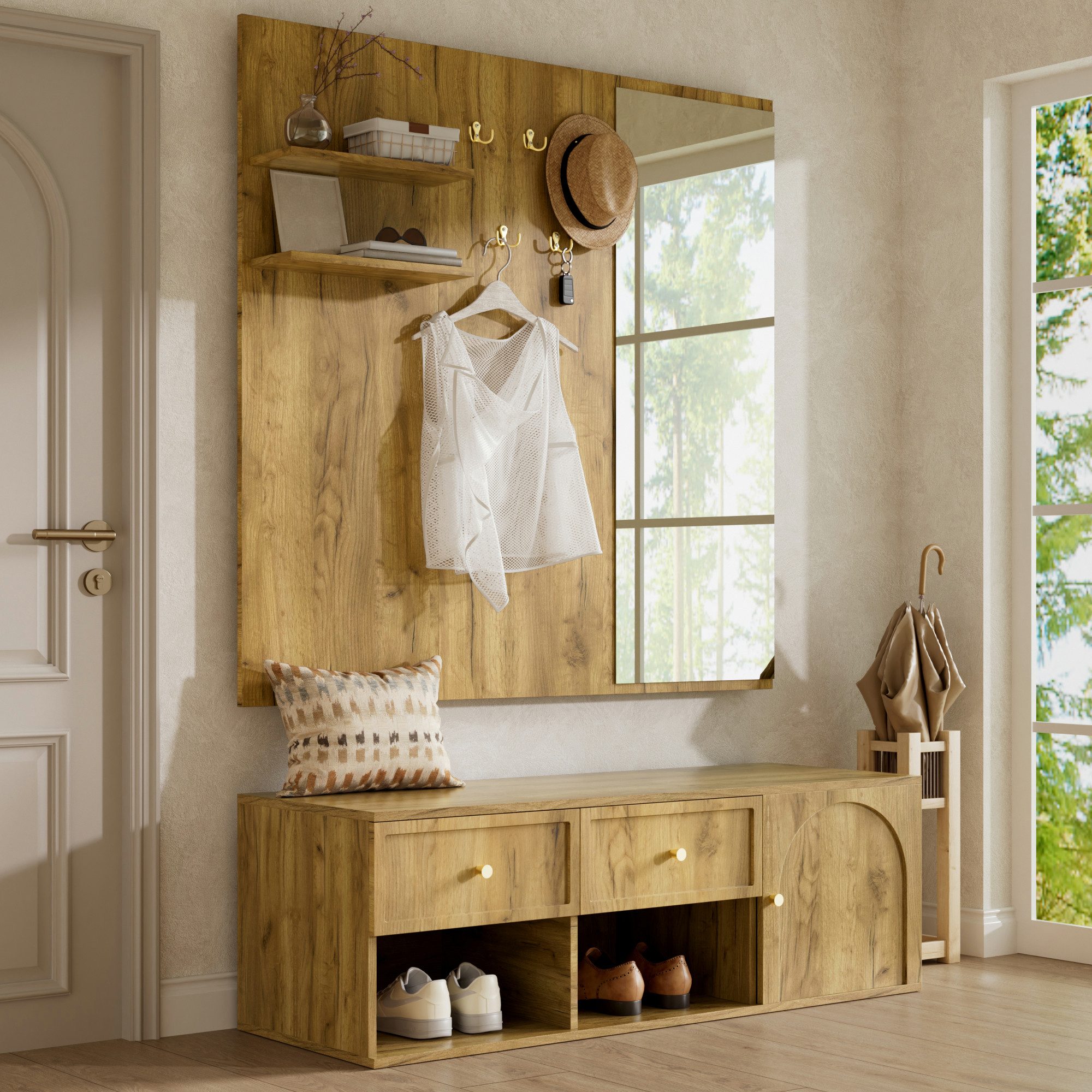 Flieks Garderoben-Set Wandgarderobe mit Schubladen, Schuhregal, Sitzbank, 5 Haken, Spiegel, (B120xT35xH159 cm), Kompaktgarderobe Flurschrank Einganschrank Flurm – Bild 2 von 5