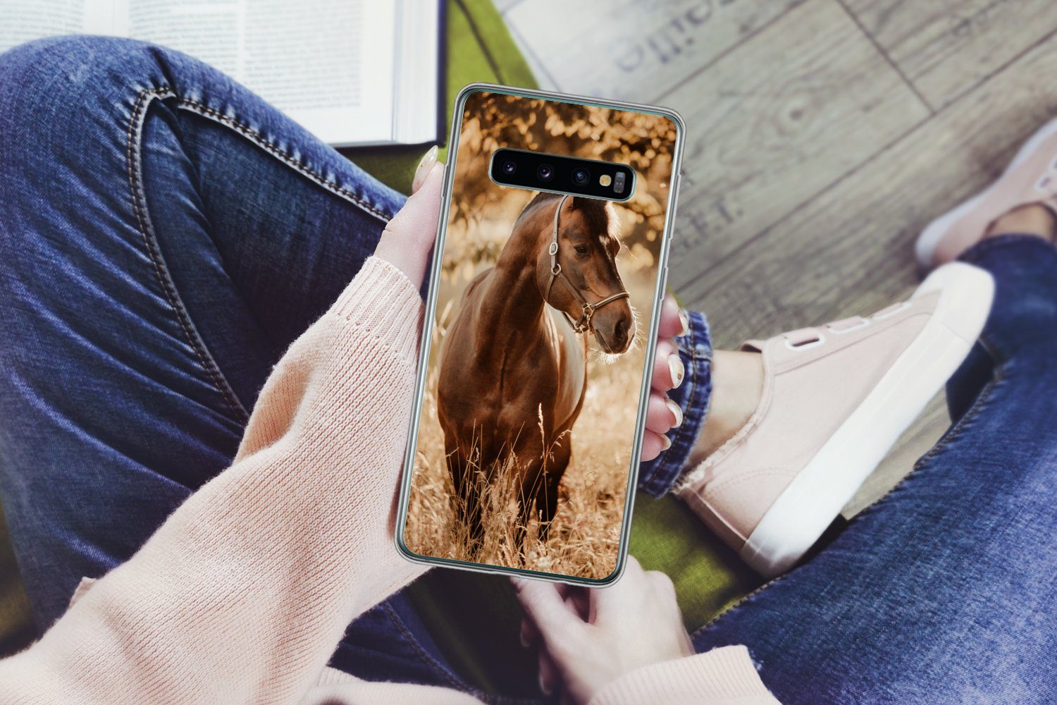 MuchoWow Handyhülle für Samsung Galaxy S10 Pferd - Sonne - Porträt - Natur - Braun, Phone Case, Silikon, Schutzhülle Dünn