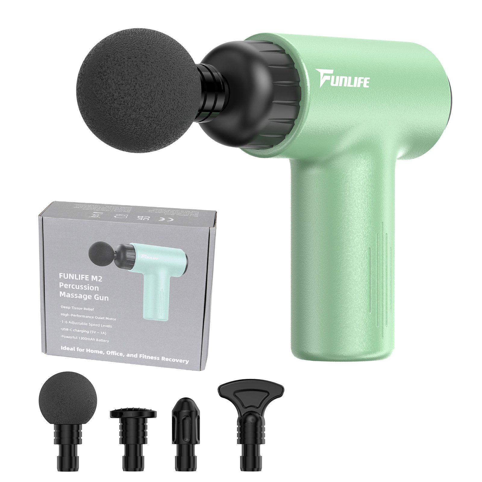 FunLife Massagepistole Mini Massagepistole für Reise & Alltag, Komplett-Set, Kompakt & Reisebereit, 0,5 kg · 12 mm Tiefenmassage · USB-C