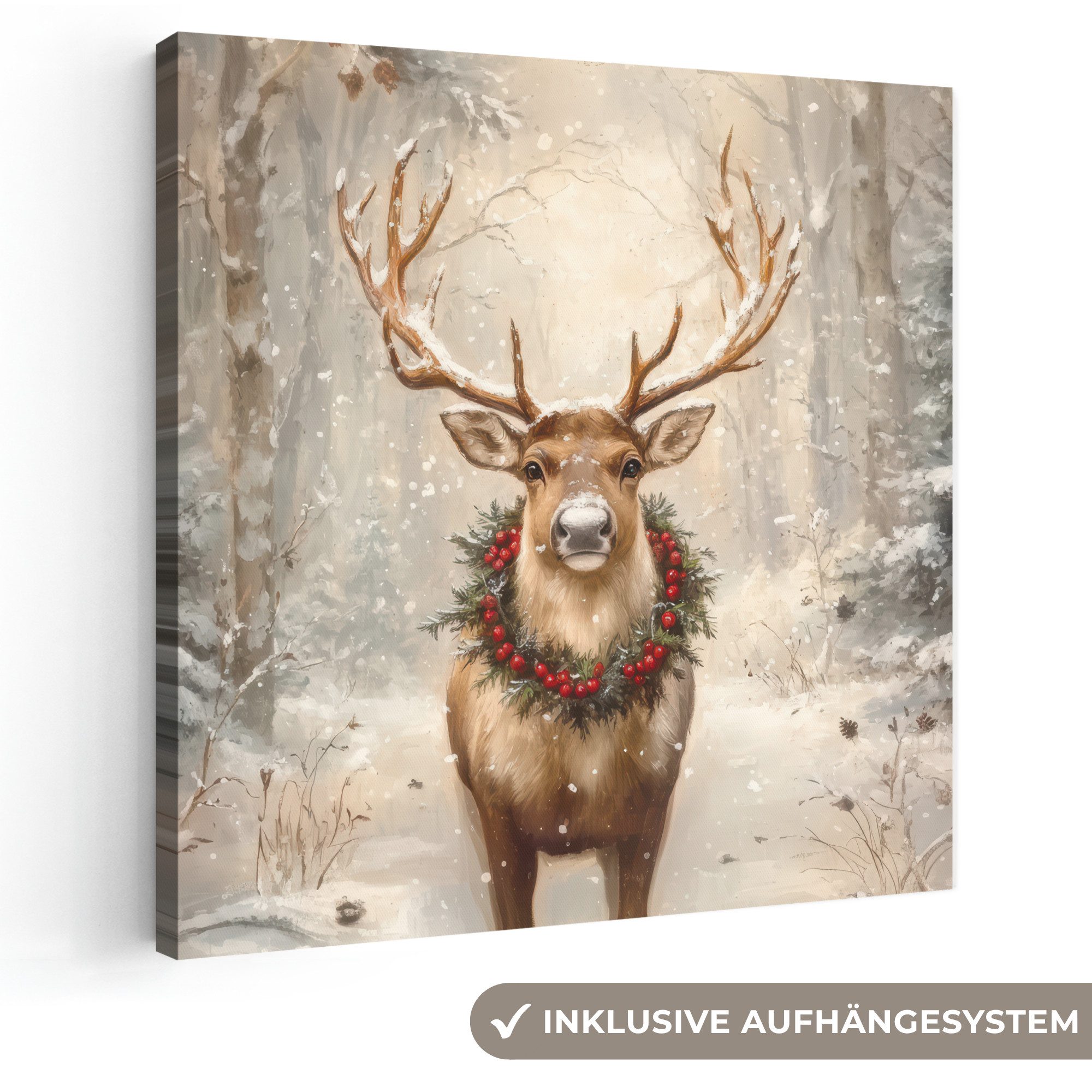 OneMillionCanvasses® Leinwandbild Weihnachten - Rentier - Winter - Kranz, Fotodruck (1 St), Wandbild, Deko Schlafzimmer Wohnzimmer Flur 20x20 cm