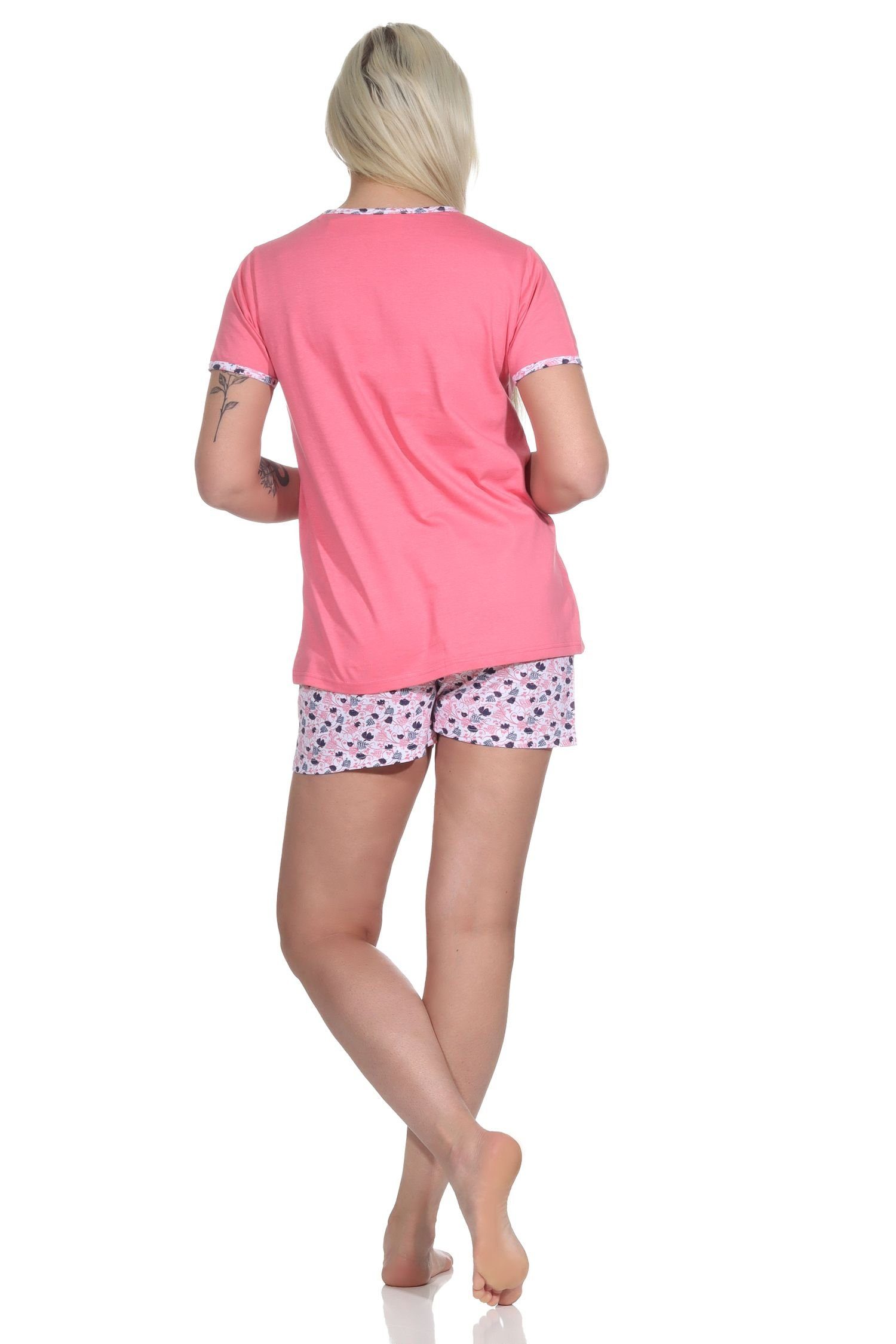 Normann Shorty, Damen Sommerlicher mit Pyjama floralem kurzarm pink Schlafanzug Print