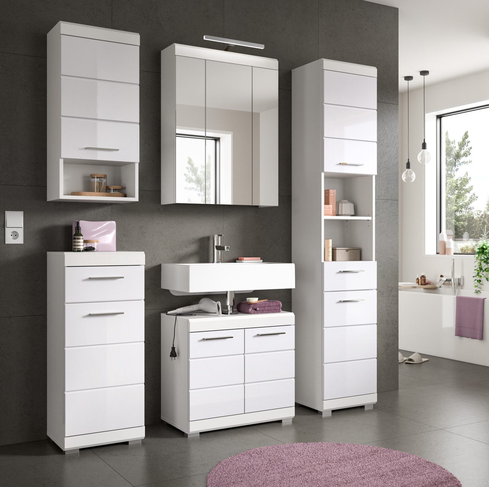 Inn.Furn Badmöbel-Set Shawn, (Badezimmer in weiß Hochglanz, Komplett-Set 5-teilig), Viel Stauraum, 13 Fächer und 2 Schubladen