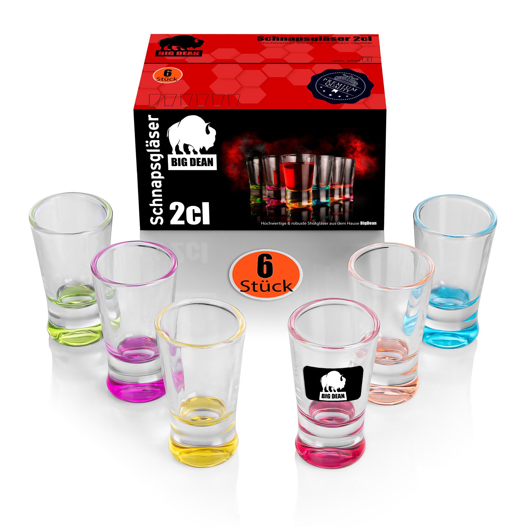 BigDean Schnapsglas 6 Stück farbige Shotgläser 2cl in Geschenkbox spülmaschinenfest, Glas