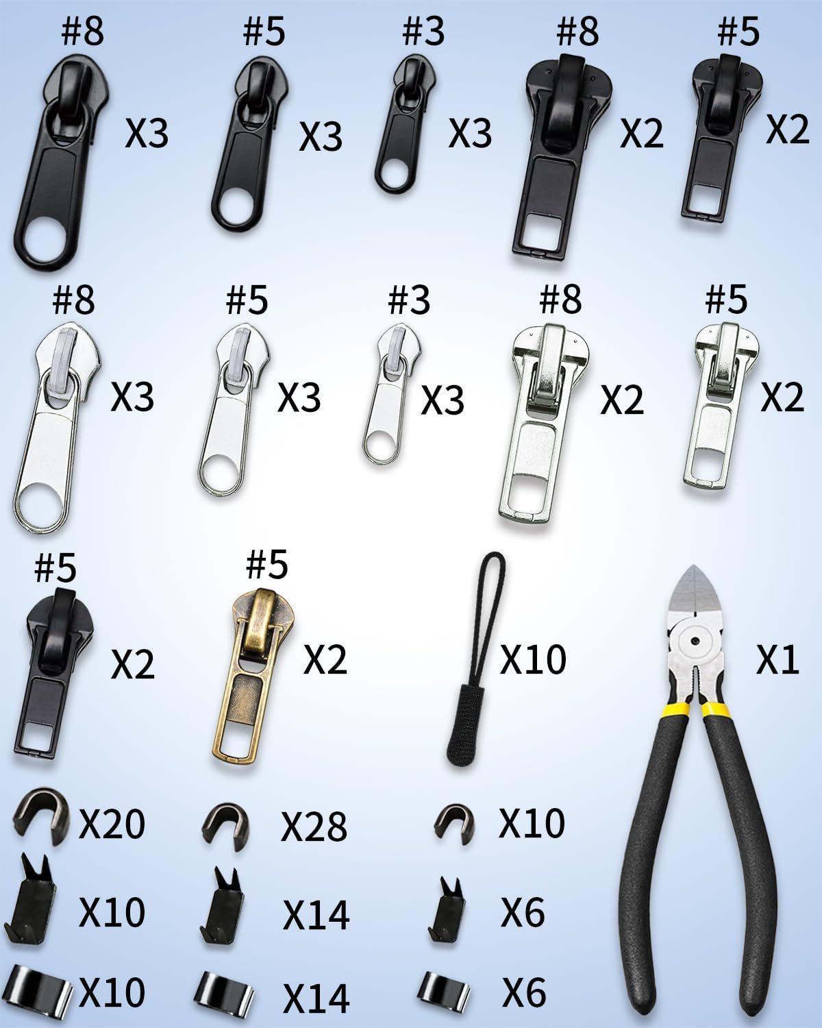 FELIXLEO Reißverschluss Reparaturset 159 Stück Reißverschluss Set 3 Größen3/5/8 Reißverschlussstiefel (1-tlg)