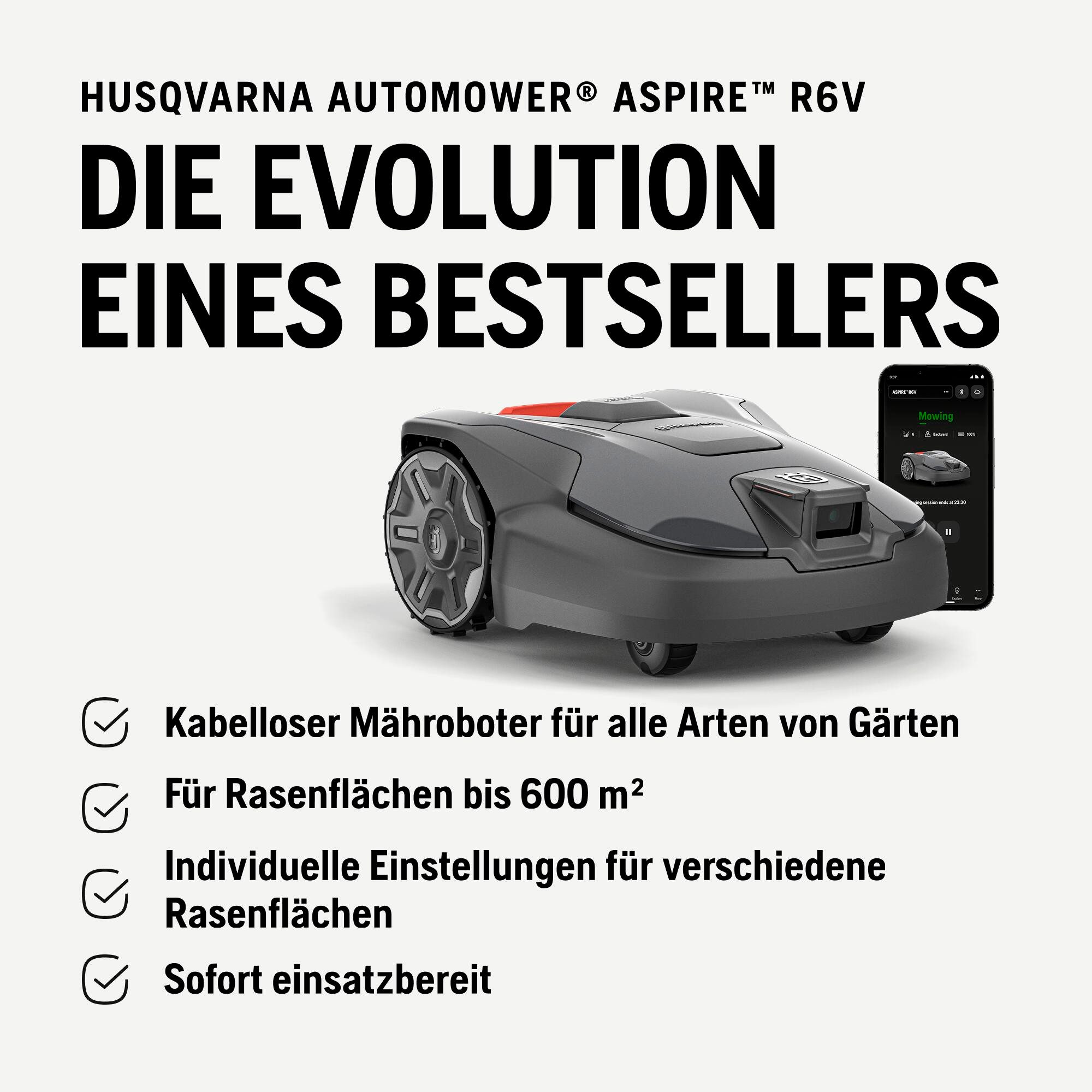 Husqvarna Rasenmähroboter Automower® Aspire R6V, bis 600 m² Rasenfläche, ohne Begrenzungskabel, Objekterkennung, GPS-Navigation, WLAN-Steuerung