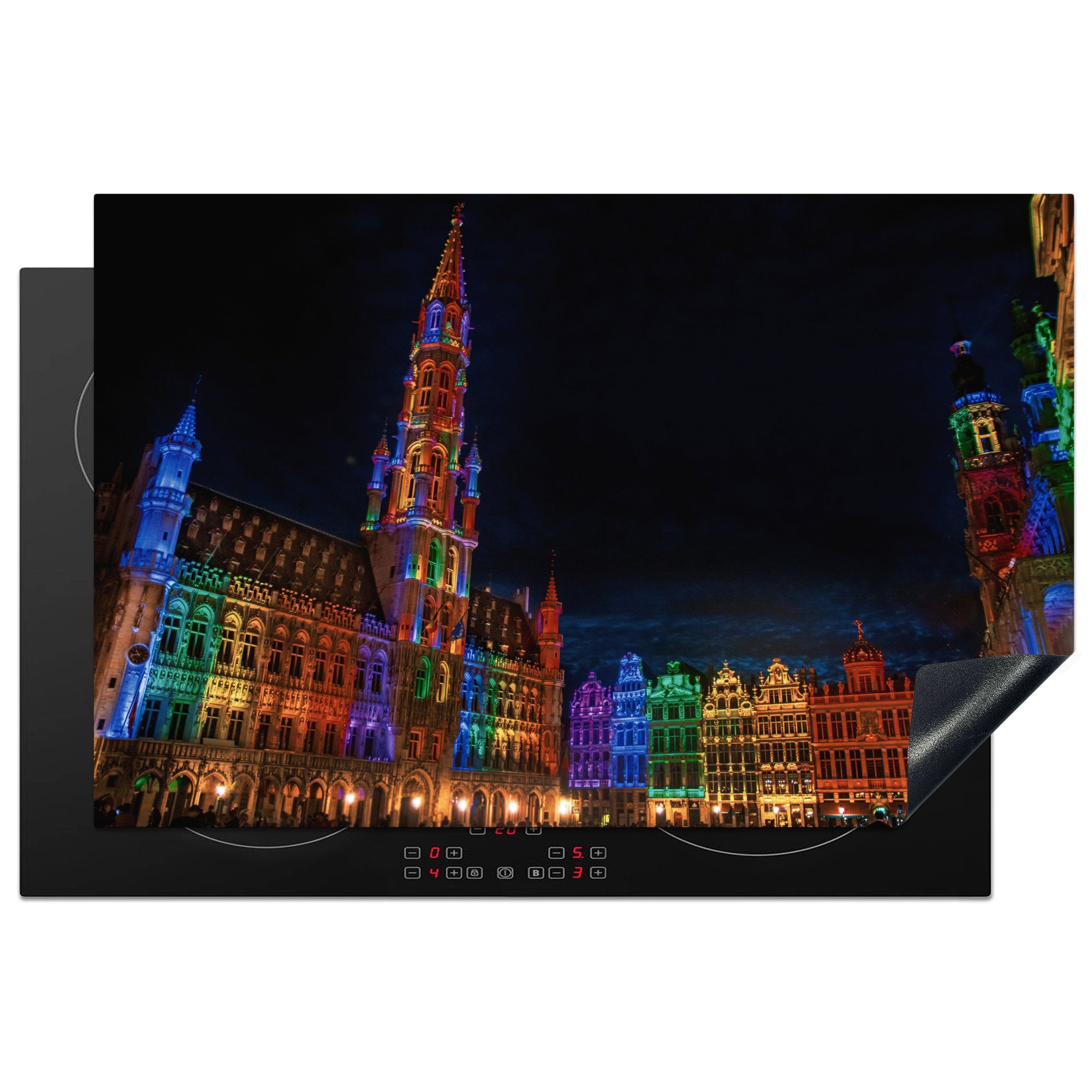 MuchoWow Herdblende-/Abdeckplatte Der nächtlich beleuchtete Grand Place von Brüssel mit seinen schönen, Vinyl, (1 tlg), 81x52 cm, Induktionskochfeld Schutz für die küche, Ceranfeldabdeckung