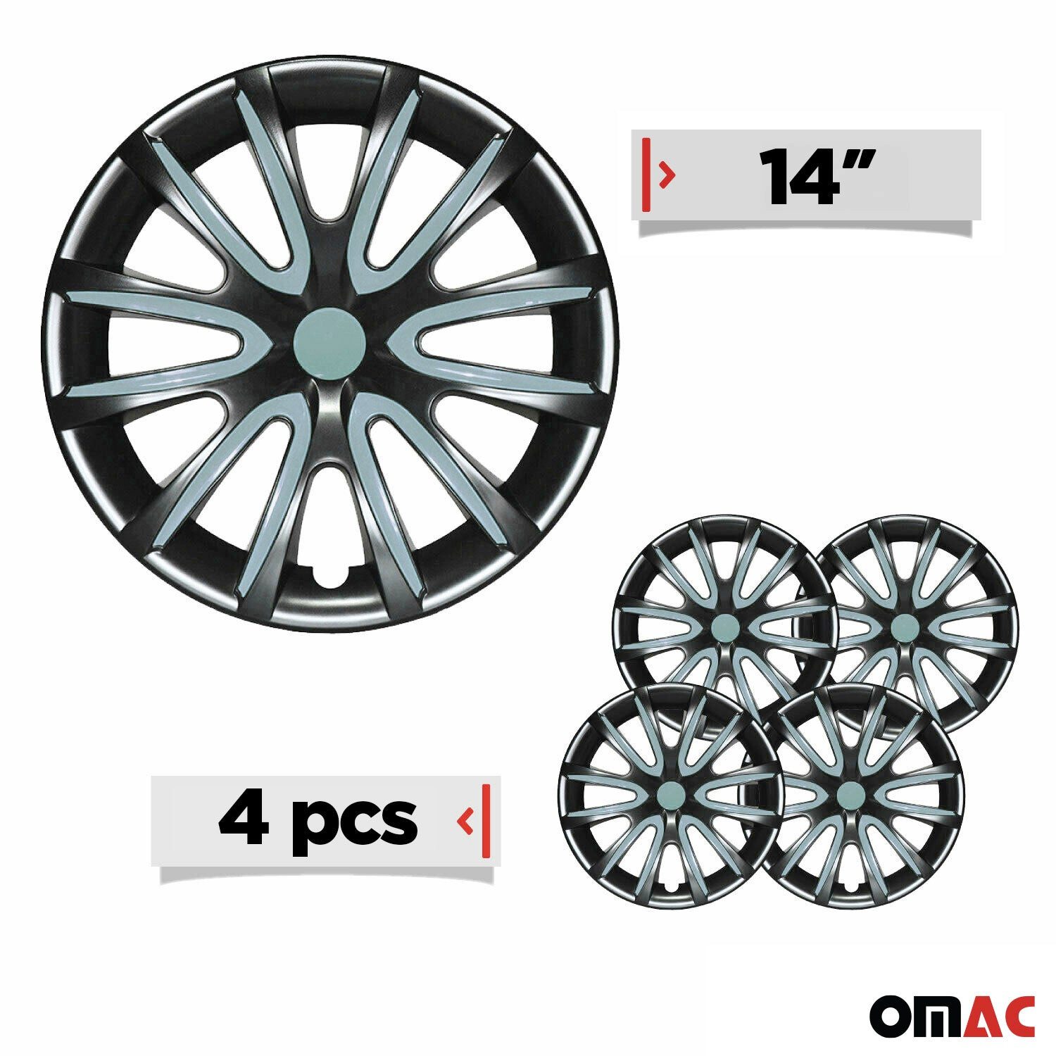 OMAC Wheel Covers 4x Wheel Covers 14 inch Black & Light Blue, (4-Piece Set) Easy Installation, Lightweight, Car Wash Safe