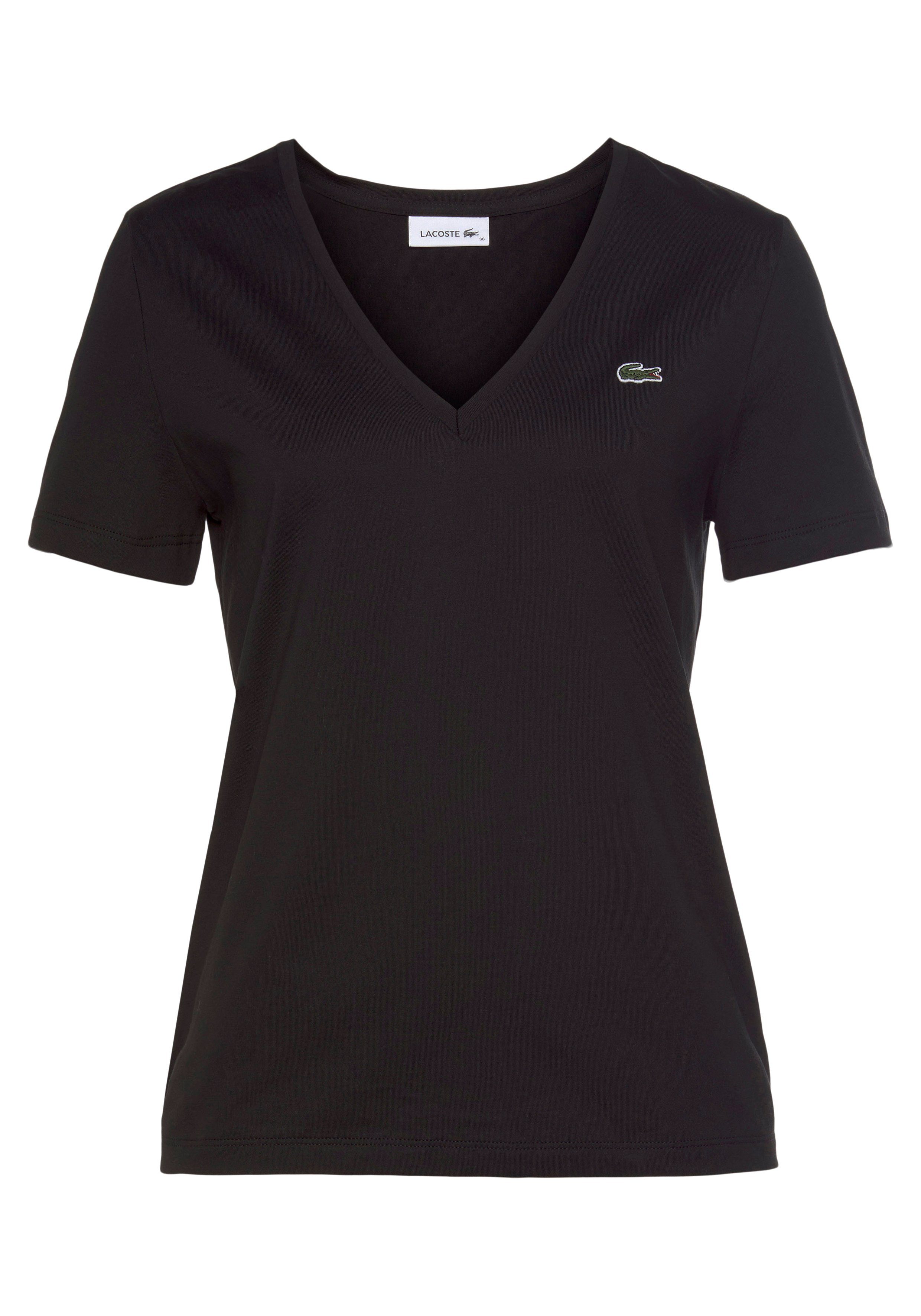 T-Shirt mit Brust Damen-T-Shirt auf Lacoste Logo-Patch schwarz V-Ausschnitt der (1-tlg) mit Lacoste