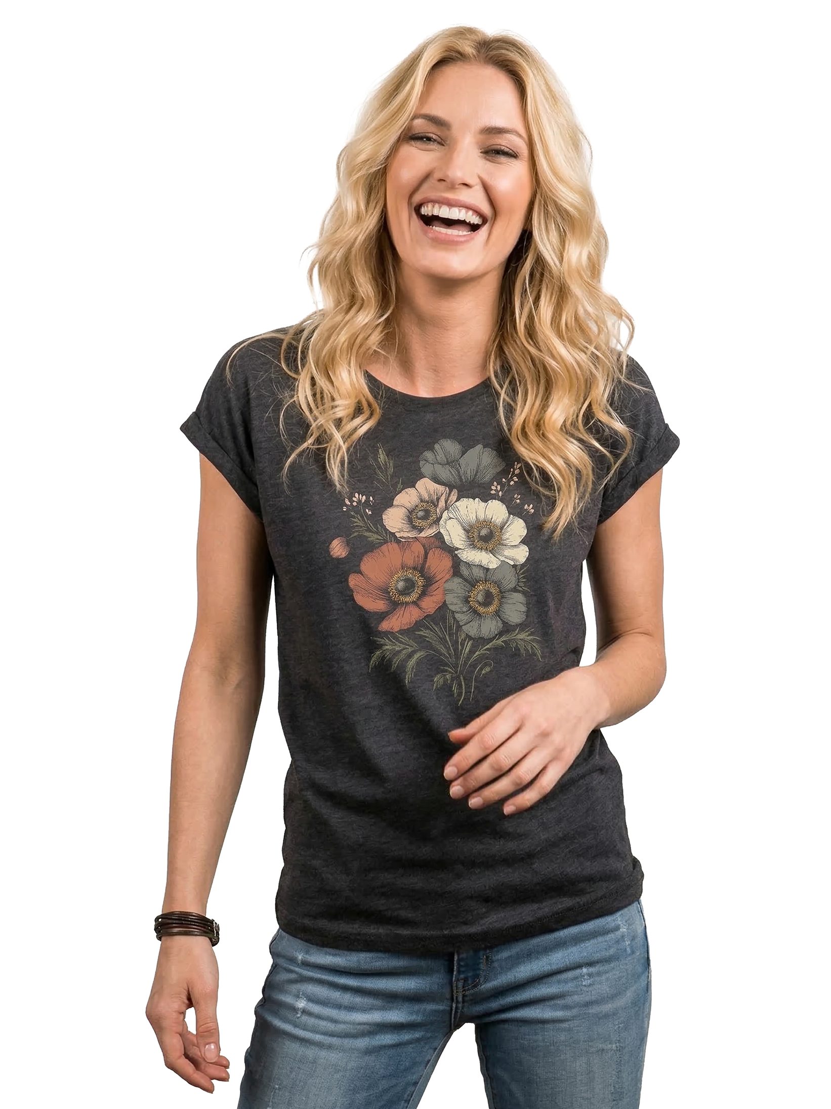 MAKAYA T-Shirt Damen Sommer Top mit Vintage Blumenprint im Retro Boho Style (Schwarz, Blau, Dunkelgrau, 34, 36, 38, 40, 42, 44, 46, 48, 50) Baumwolle
