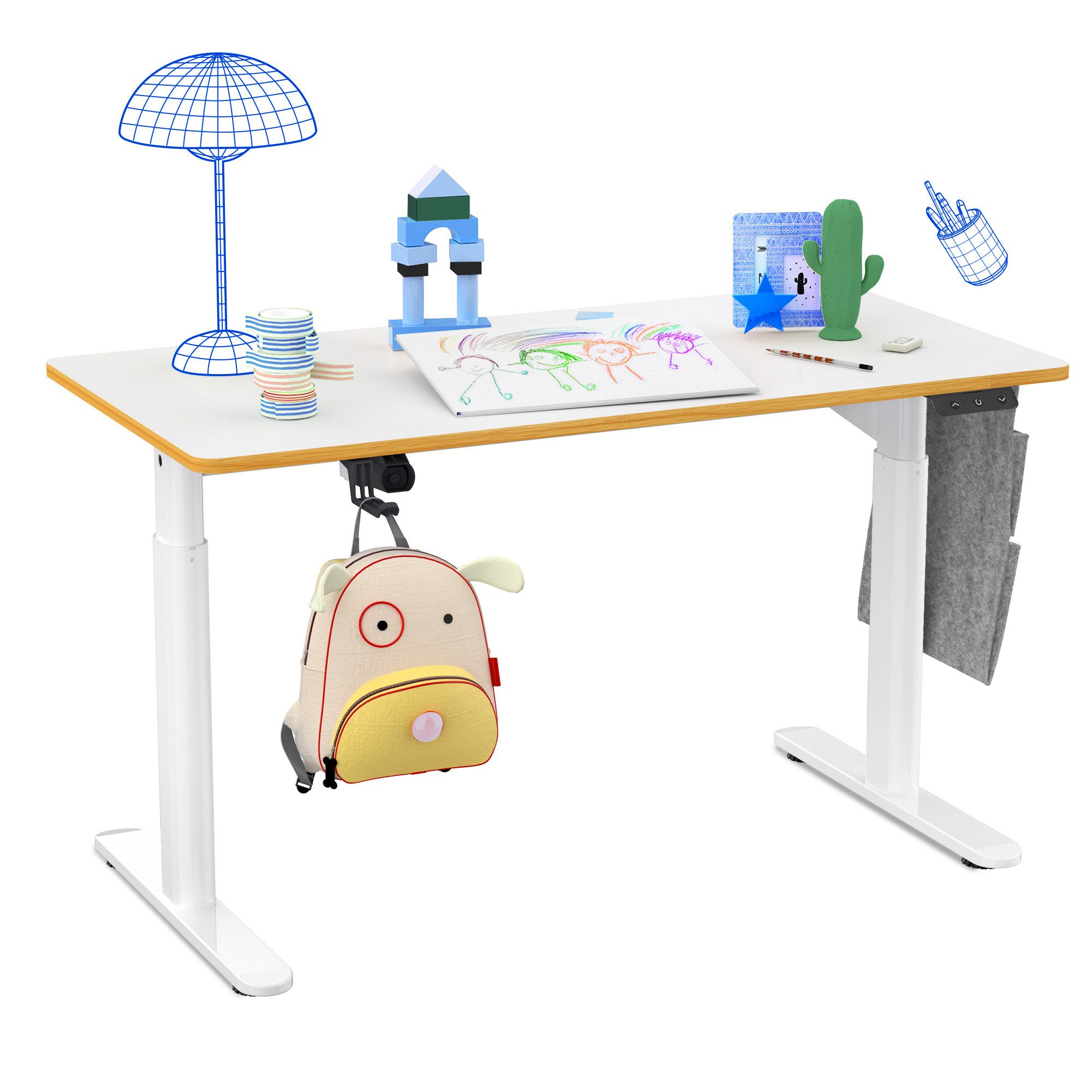 FLEXISPOT Schreibtisch Kinderschreibtisch Höhenverstellbar 120 x 60 CM (15mm Abgerundete Tischecken), MIT Haken & Seitentasche, Überhitzungsschutz, 80KG Tragkraft
