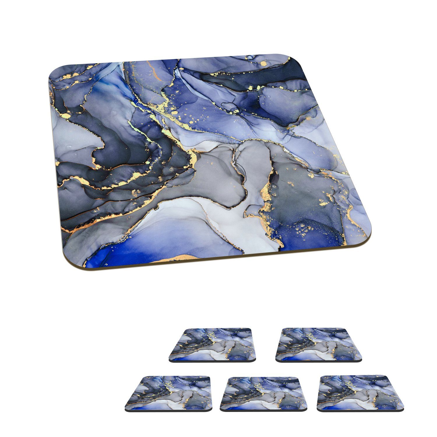 MuchoWow Glasuntersetzer Marmor - Gold - Abstrakt - Blau, Zubehör für Gläser, 6-tlg., Glasuntersetzer, Tischuntersetzer, Korkuntersetzer, Untersetzer, Tasse