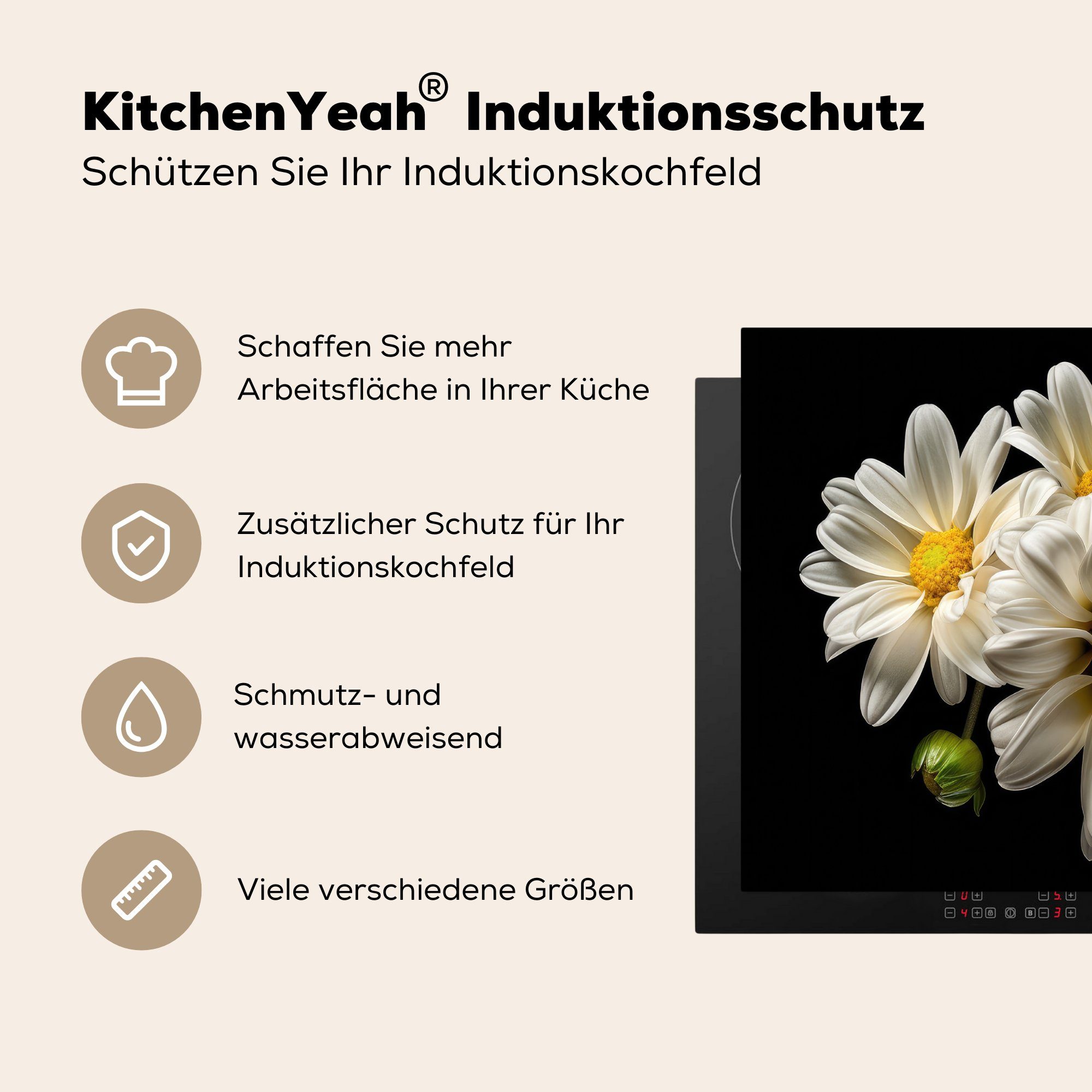 nutzbar, Weiß Ceranfeldabdeckung Vinyl, Arbeitsfläche (1 tlg), Natur, - Botanisch Mobile MuchoWow - 60x52 Herdblende-/Abdeckplatte cm, Gänseblümchen - - Blumen