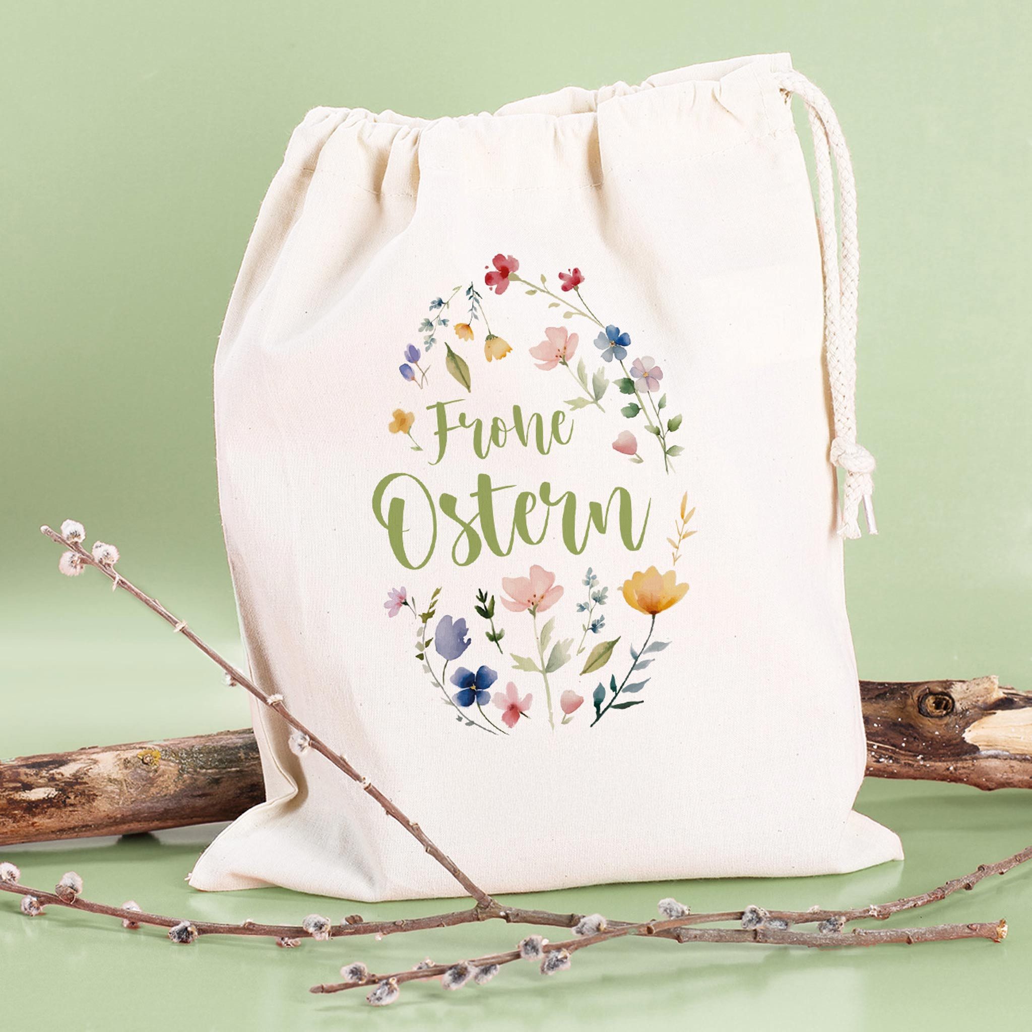 Herz & Heim Beuteltasche Geschenksack zu Ostern – Stoffbeutel aus Baumwolle mit Oster-Motiv, mit Kordelzug