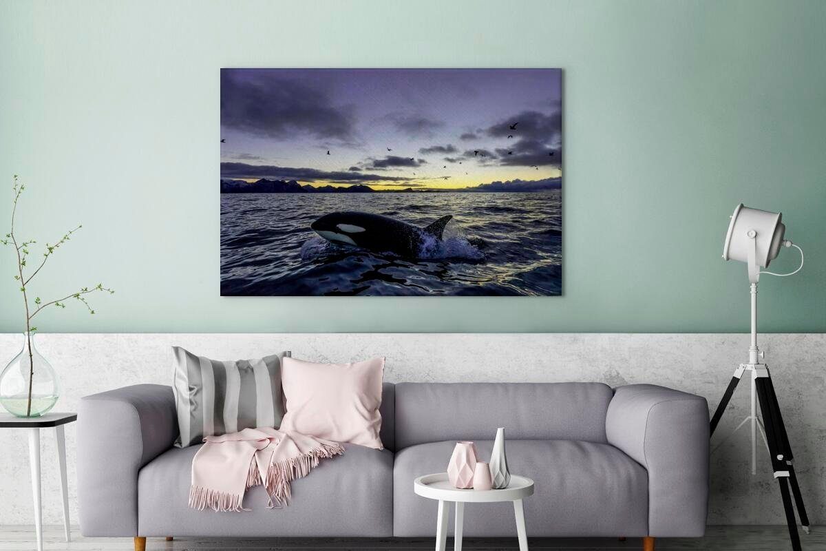 OneMillionCanvasses® Leinwandbild Orca bei 120x80 (1 Wandbild XXL, cm für alle St), Sonnenaufgang, Gemälde, Wohnbereiche, großes