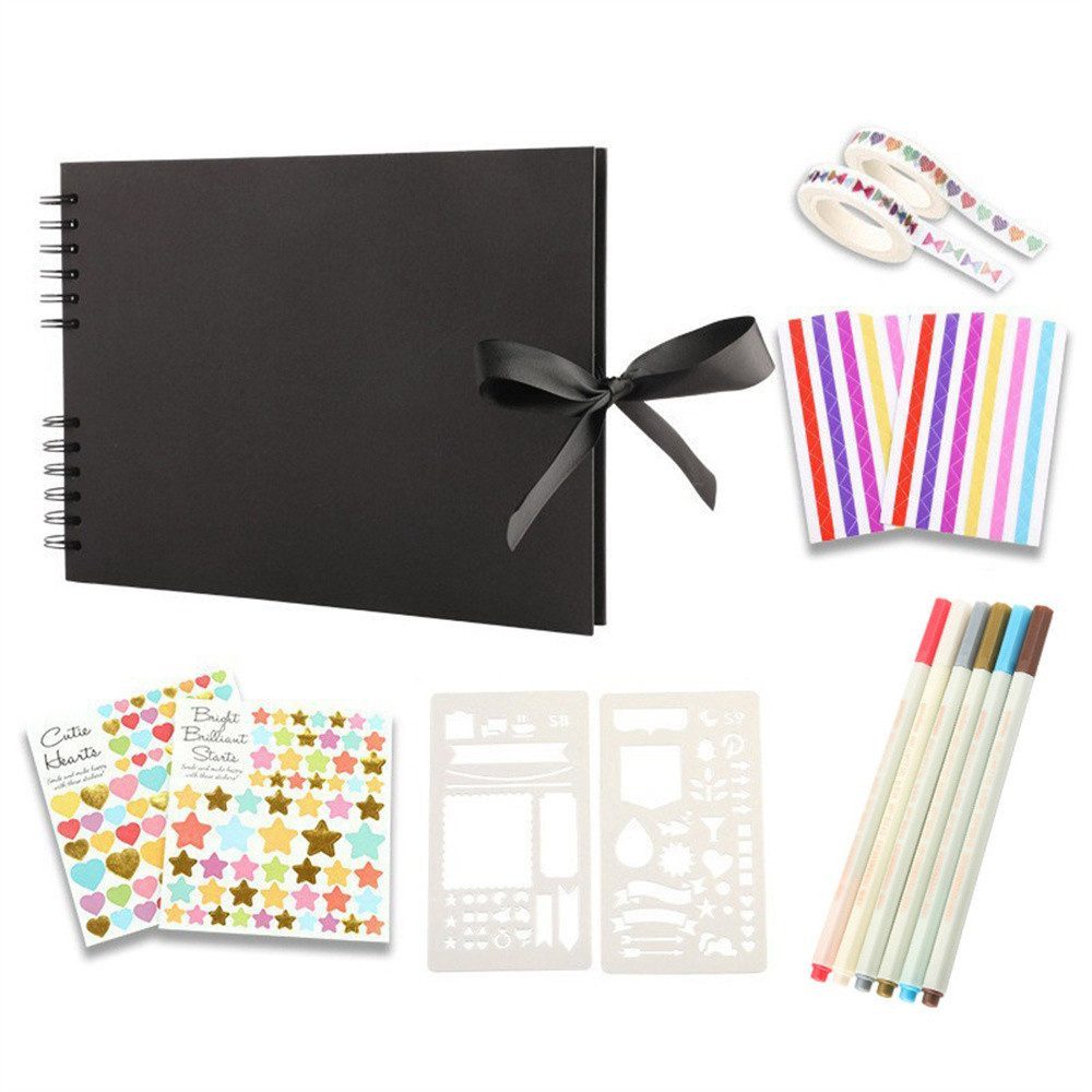 AURIVION Fotoalbum Zeichenalbum DIY mit 80 schwarzen Seiten für Fotos & Notizen (Set, 15-St., Scrapbook Geschenk für Hochzeit, Geburtstag & Erinnerungen), Fotoalbum Gästebuch mit Stiften für kreative Gestaltung