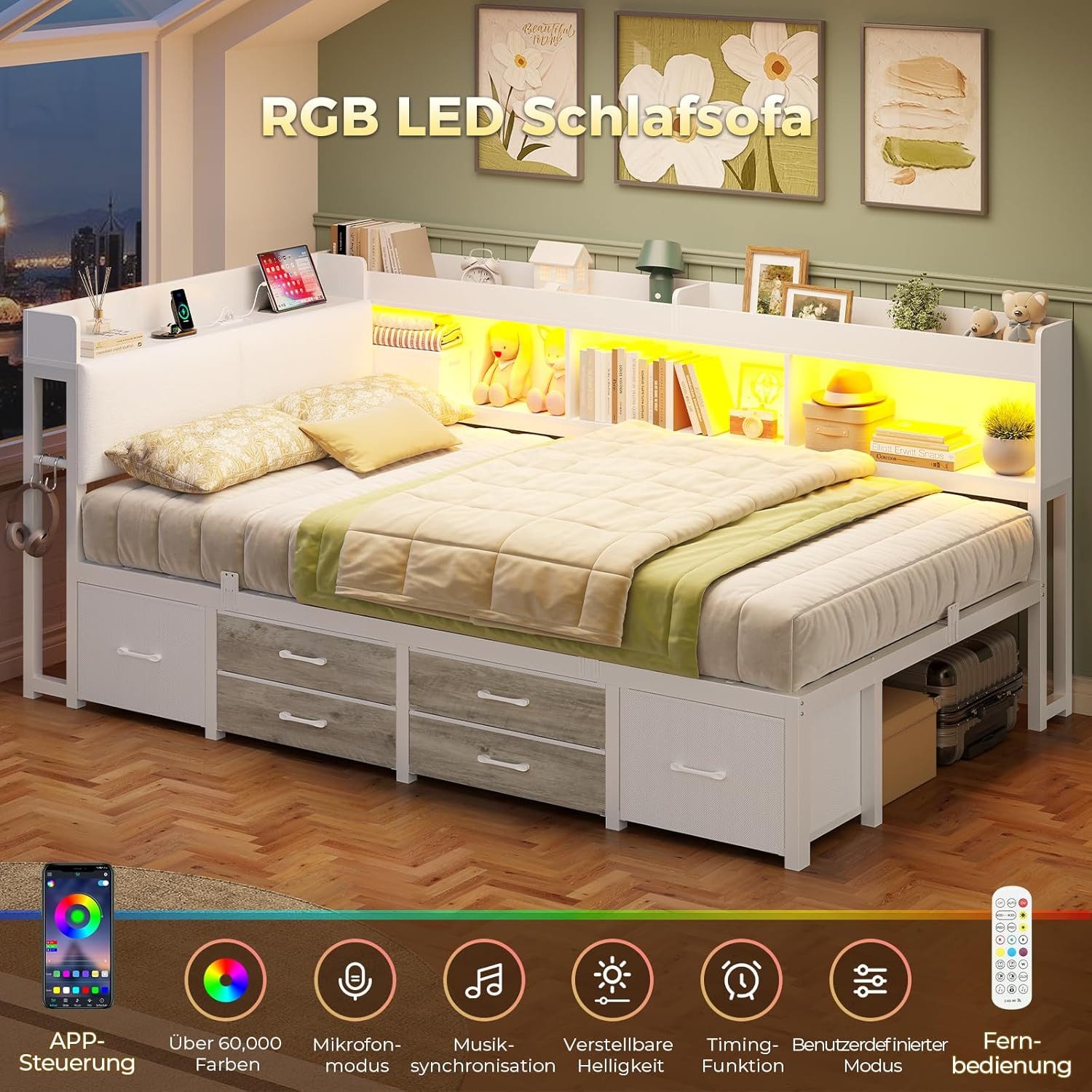 MSMASK Daybett Tagesbett Schlafsofa mit LED-Beleuchtung & Ladestation, Jugendbett mit 6 Staufächern und 6 Schubladen – Liegefläche 90x190 cm – Bild 4 von 5