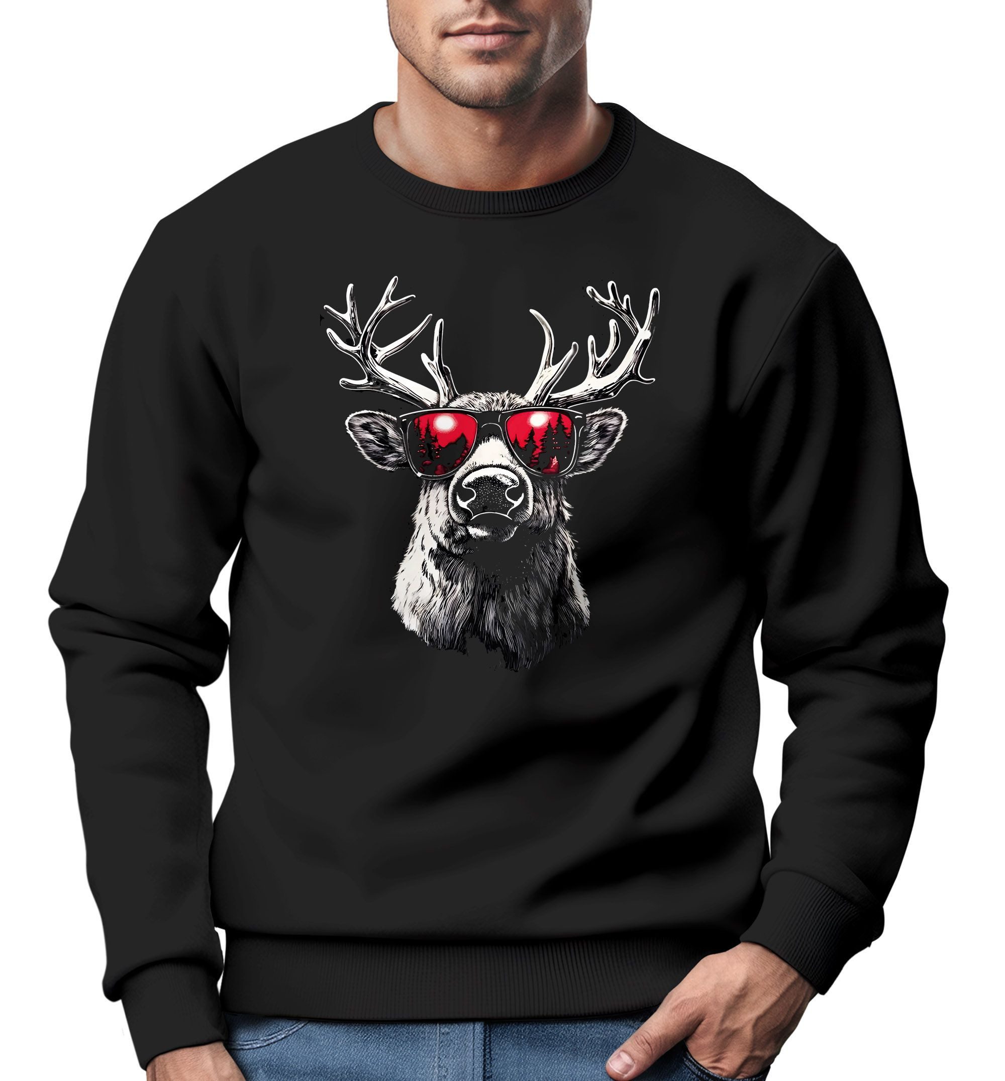 Sweatshirt Sweatshirt Herren Weihnachtspullover Aufdruck Rentier Sonnenbrille