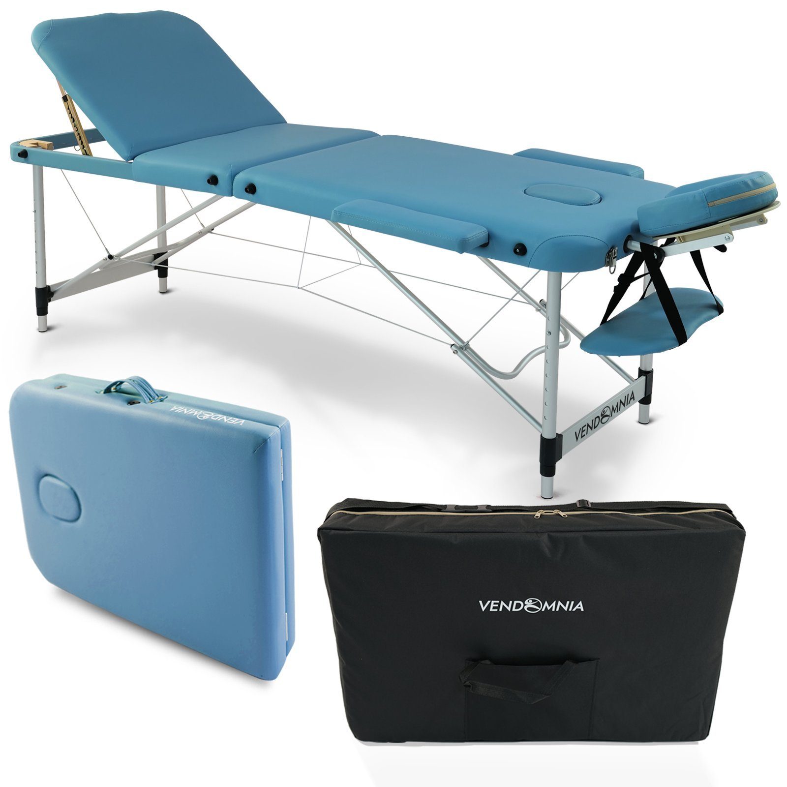 VENDOMNIA Massageliege Mobile Massageliege - Aluminium oder Holzfüße mit 2 - 3 Zonen (Klappbar Massagetisch Massagebett Massagebank Behandlungsliege), inkl. hochwertiger Kopfstütze Tasche Armlehnen