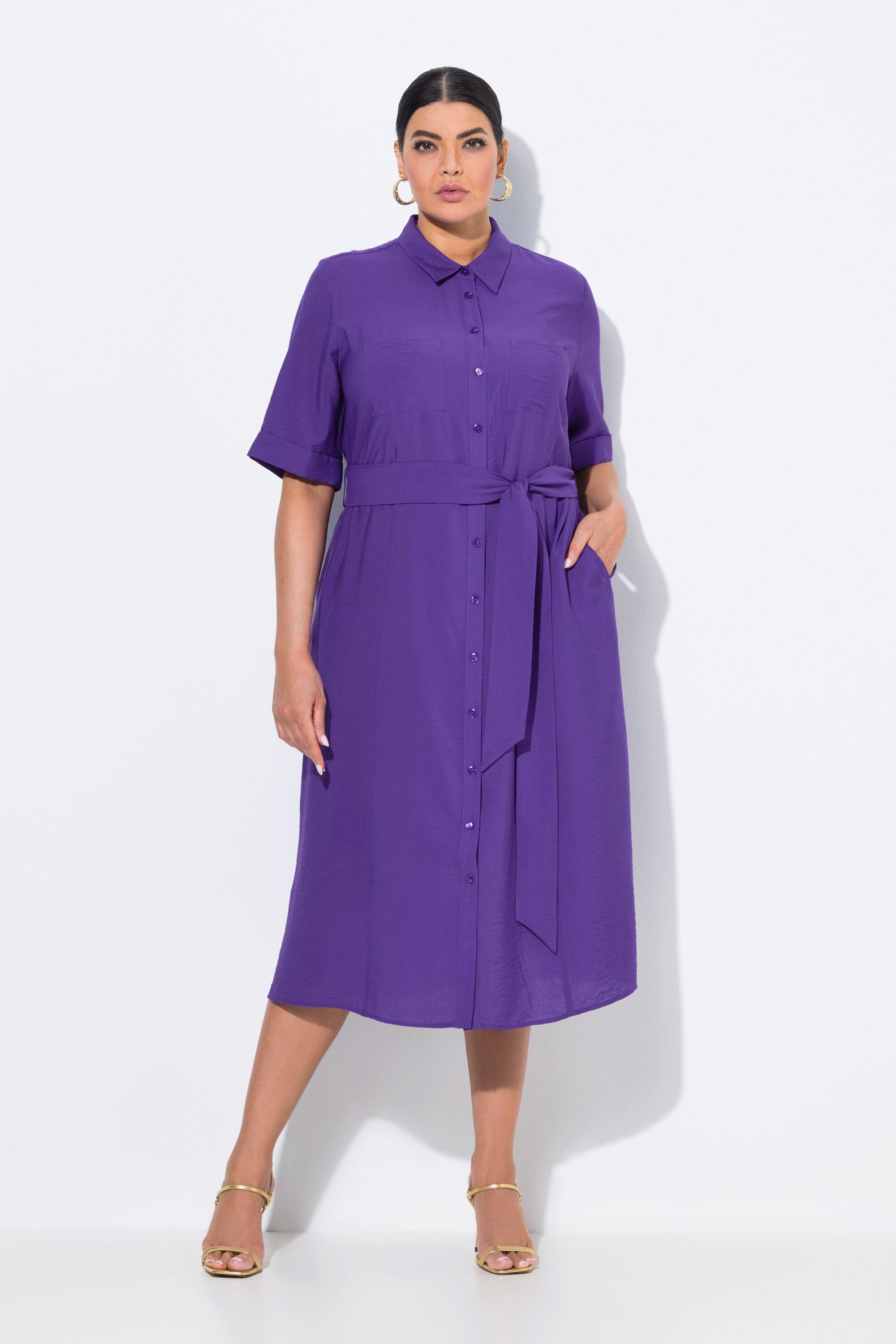 Ulla Popken Hemdblusenkleid Midikleid A-Linie Hemdkragen günstig online kaufen
