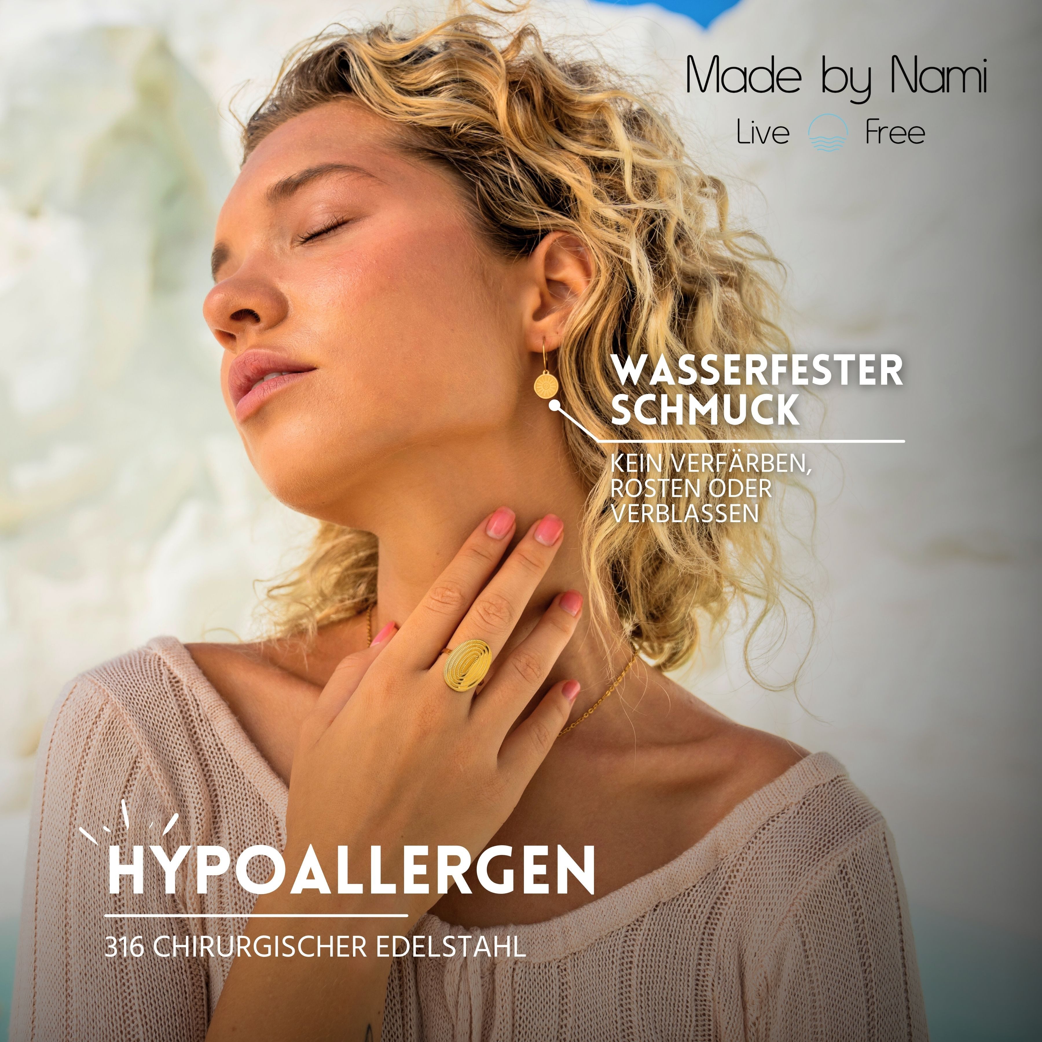 Made by Nami Ohrring-Set Edelstahl Ohrringe Gold hängend mit Sonnen Anhänger, Boho Schmuck Damen Wasserfest