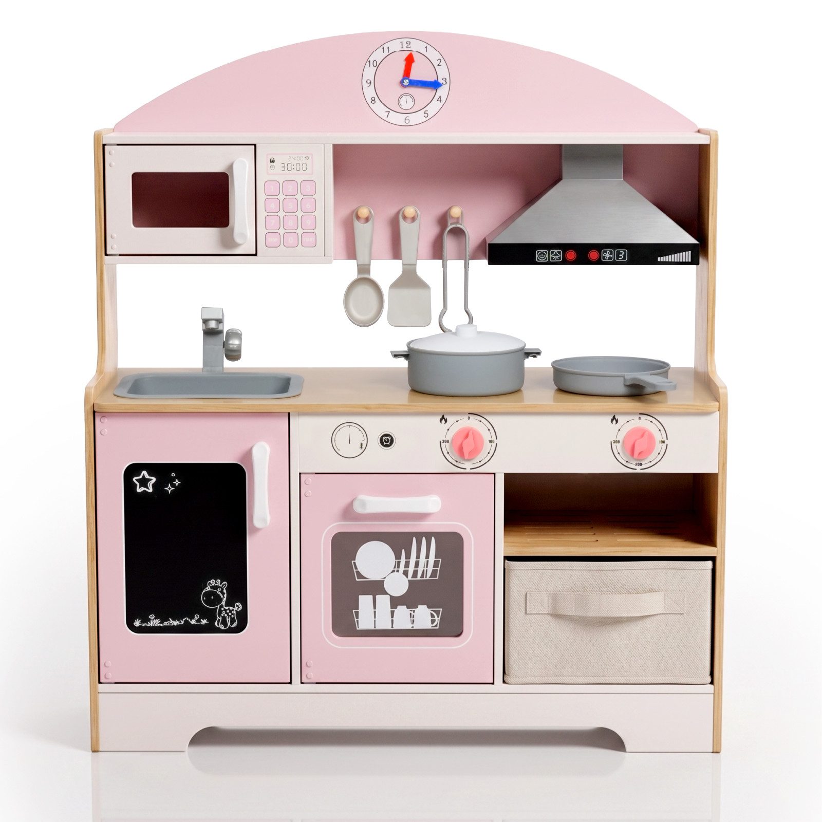 LALAHO Spielküche Kinderküche Holzspielküche, rosa, multifunktional, Rollenspiel-Set mit Spüle, Herd, Mikrowelle, Tafel, Aufbewahrung