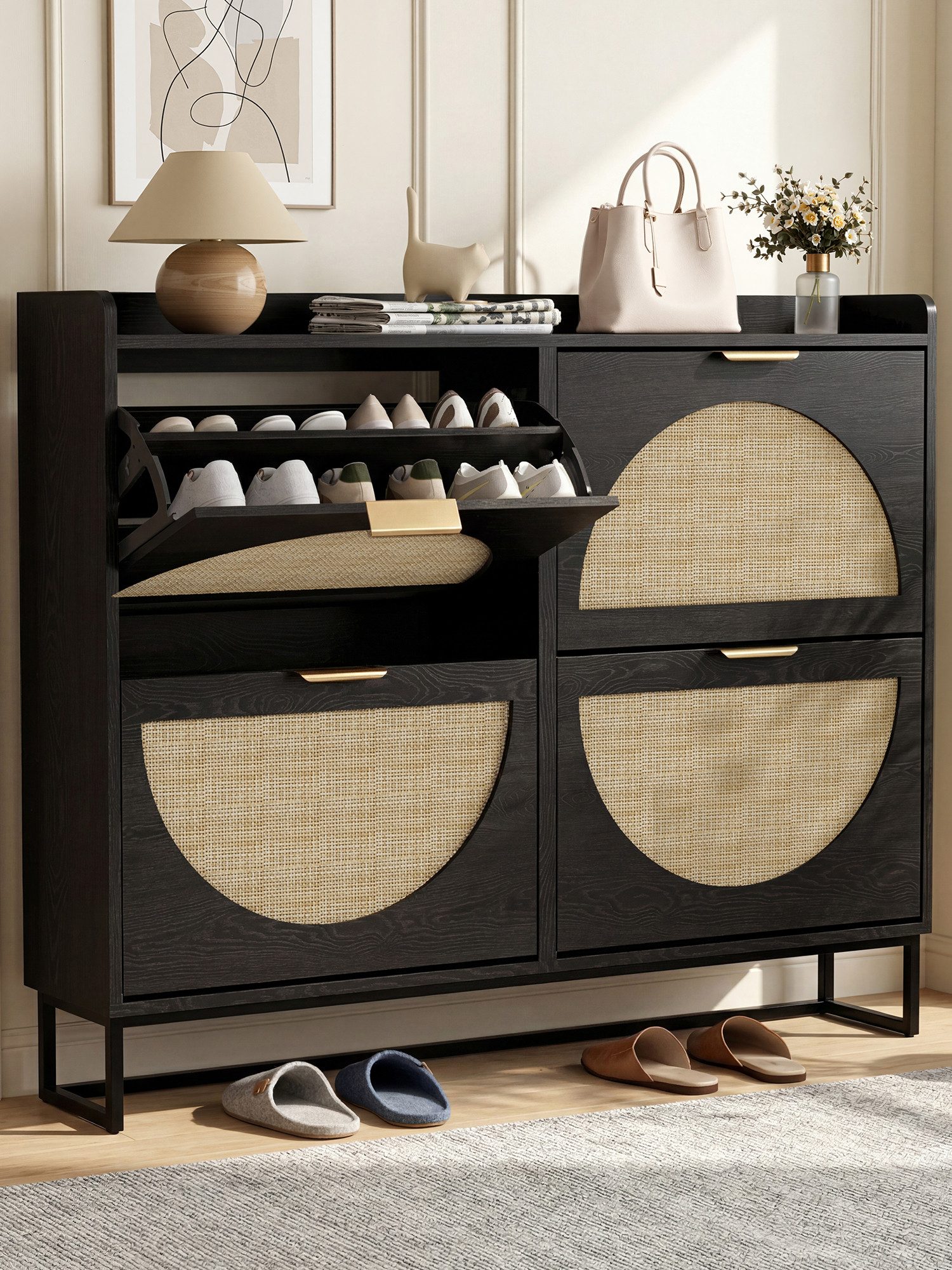 FiveWillowise Schuhschrank Schuhschrank Schmal, Schuhkipper mit Verstellbar, Holz Schuhregal mit 4 Klappen, 120x24x95.5 cm, Schwarz