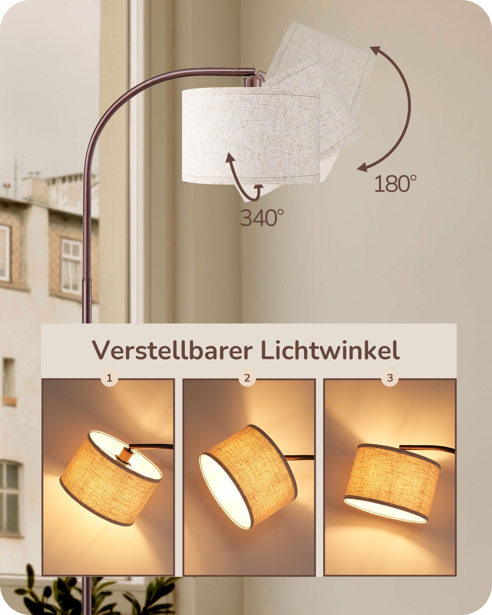 EDISHINE Stehlampe Wohnzimmer, Bogenlampe, mit E27 LED-Glühbirne, Leinen-La günstig online kaufen