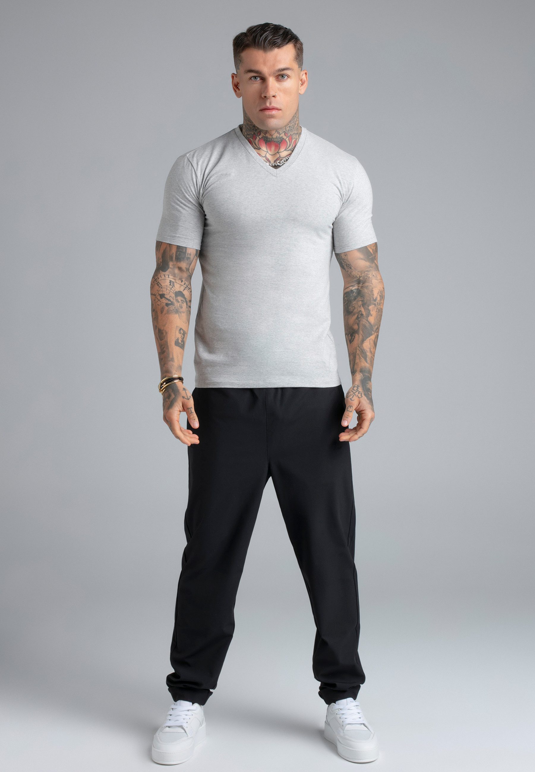 Siksilk T-Shirt SikSilk Herren Grau Marl V-Neck T-Shirt
