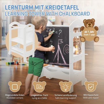 Joyz Kinderstuhl Montessori Lerntower für Kinder aus Holz Verwandelbar Kinderstuhl, Küchenhelfer Weiß mit Tafel und 2 Stufen 70cmx40cmx90cm