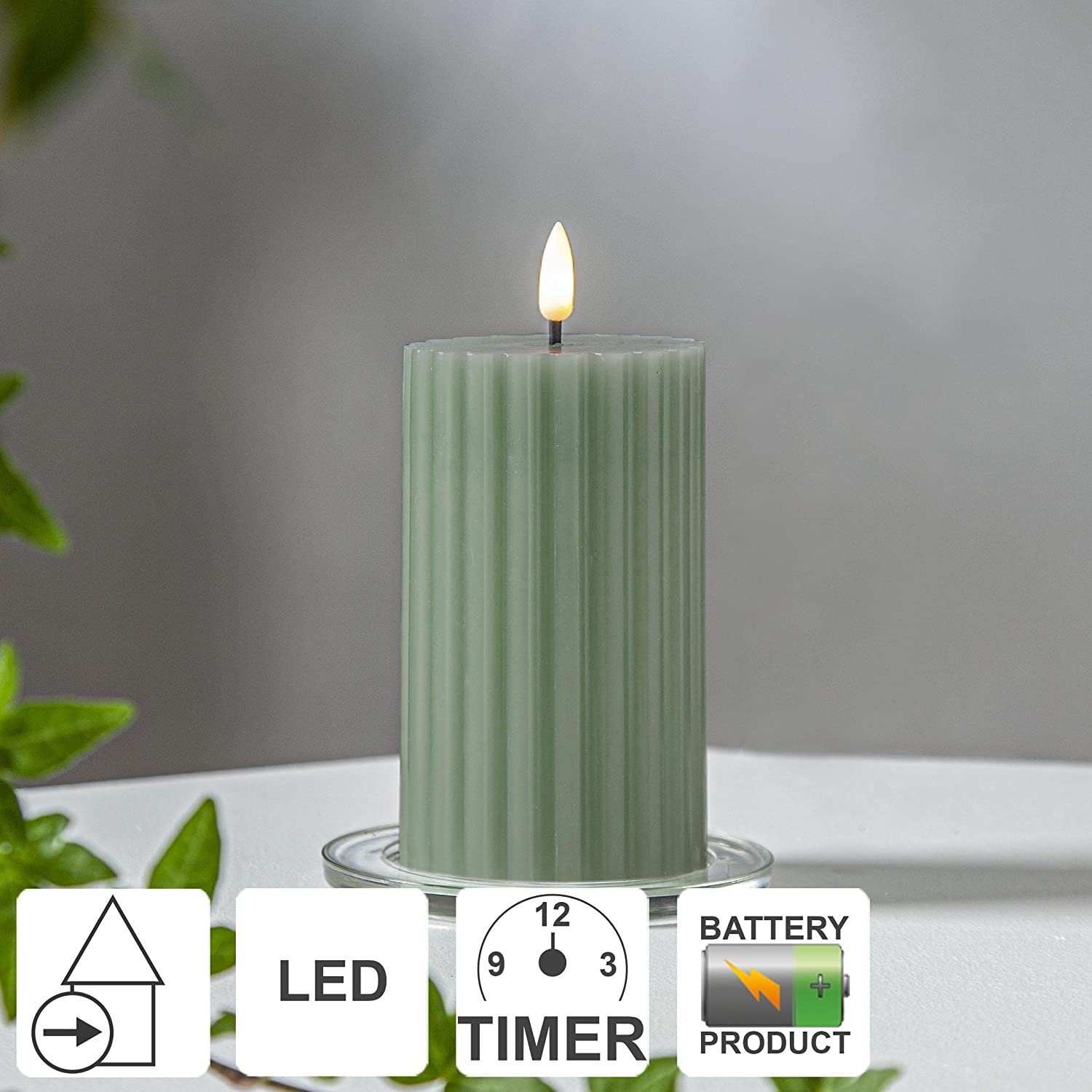 STAR TRADING LED Dekolicht Star Trading LED Blockkerze "Flamme Stripe" grün aus Wachs – Bild 2 von 5