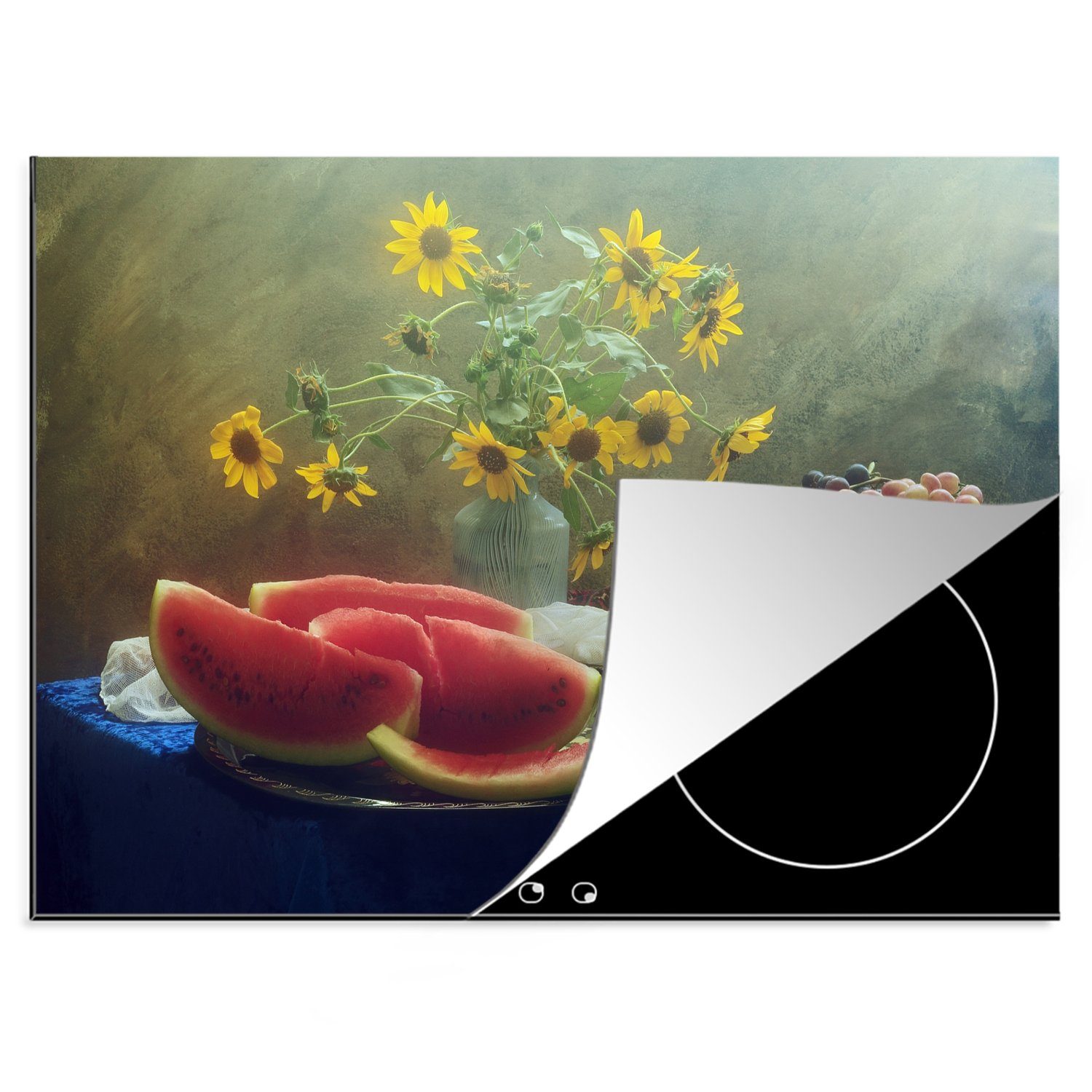 Sonnenblume MuchoWow Vinyl, - (1 - tlg), Ceranfeldabdeckung Obst Gemälde Herdblende-/Abdeckplatte cm, Mobile - - Vase Wassermelone - Arbeitsfläche 70x52 nutzbar, Stillleben -,