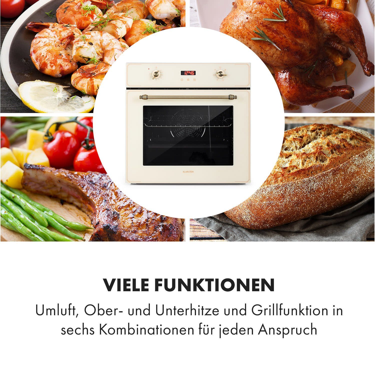 Klarstein Backofen Elizabeth Einbaubackofen Retro 70L 6 Funktionen 2200W 50-250°C Timer Elizabeth, Backofen Backröhre Built-in Oven mit 5 Einschüben & Drehspieß – Bild 4 von 5