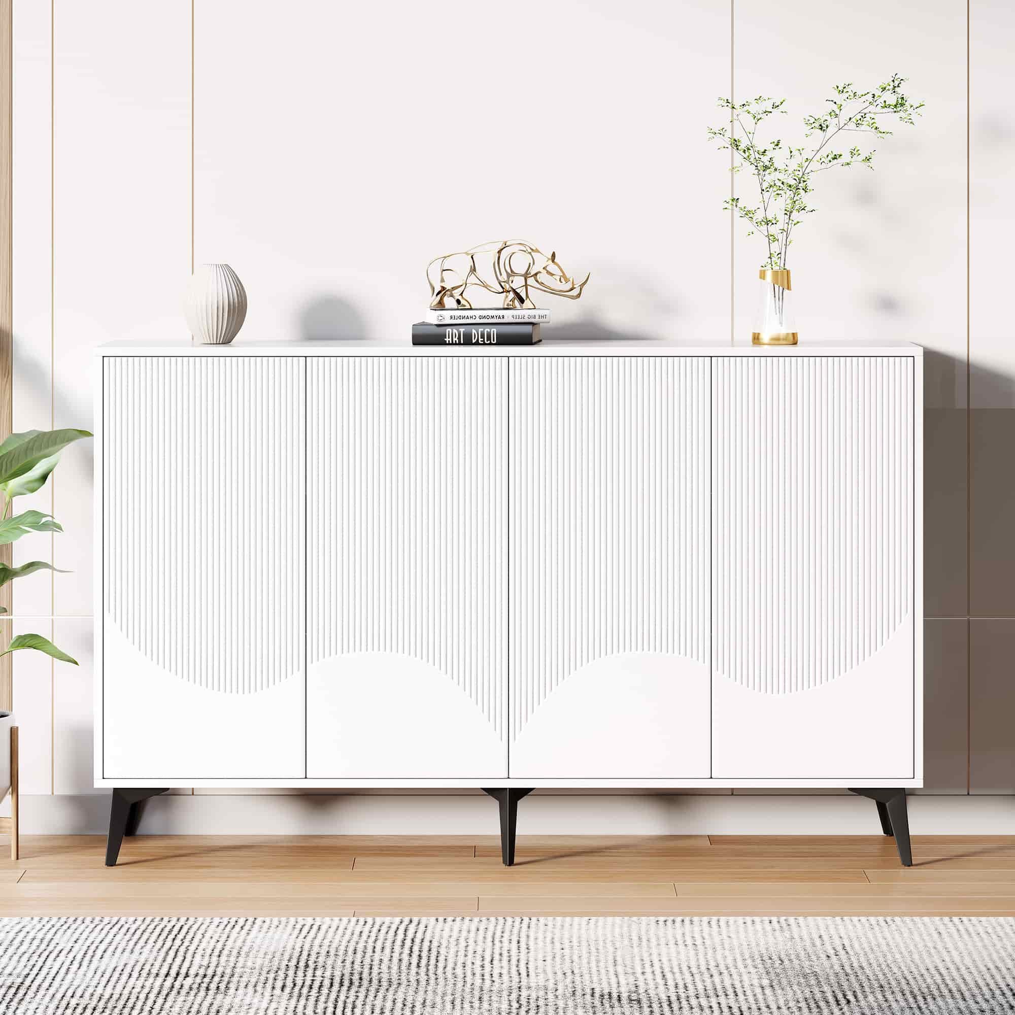 ANYSUN Sideboard Weiß 160 cm Schrank Kommode 4 Türen verstellbare Böden (Vollständiges Möbel-Set, verstellbaren Einlegeböden und stabilen Metallbeinen), Modernes 160cm Highboard für Küche & Flur mit viel Stauraum & Design