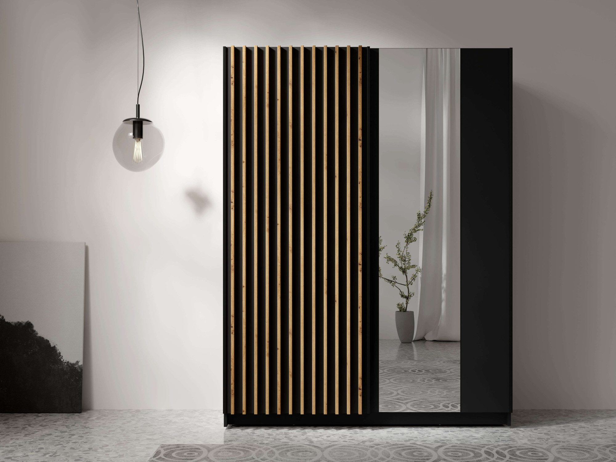 Home affaire Kleiderschrank Kleiderschrank Camden mit Spiegel, 4 Einlegeböden und Kleiderstange Garderobe mit 2 Schwebetüren und Lamellen, BxHxT 150,5x198,5x61,6 cm