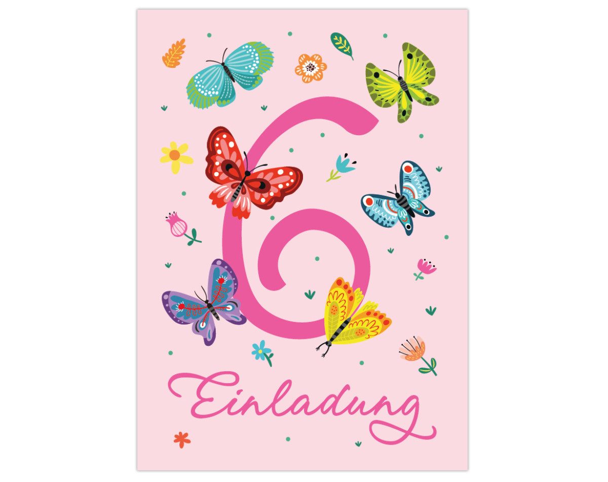 JUNAPACK Einladungskarten Schmetterling Einladungen zum 6. Kindergeburtstag Mädchen Karten, Einladungskarten mit Schmetterling zum sechsten Kindergeburtstag