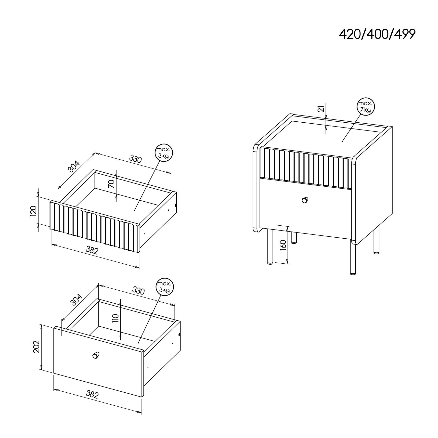 Beautysofa Nachttisch PIANO mit 2 Schubladen (kompakt & funktional, im modernen Stil), Breite: 42 cm