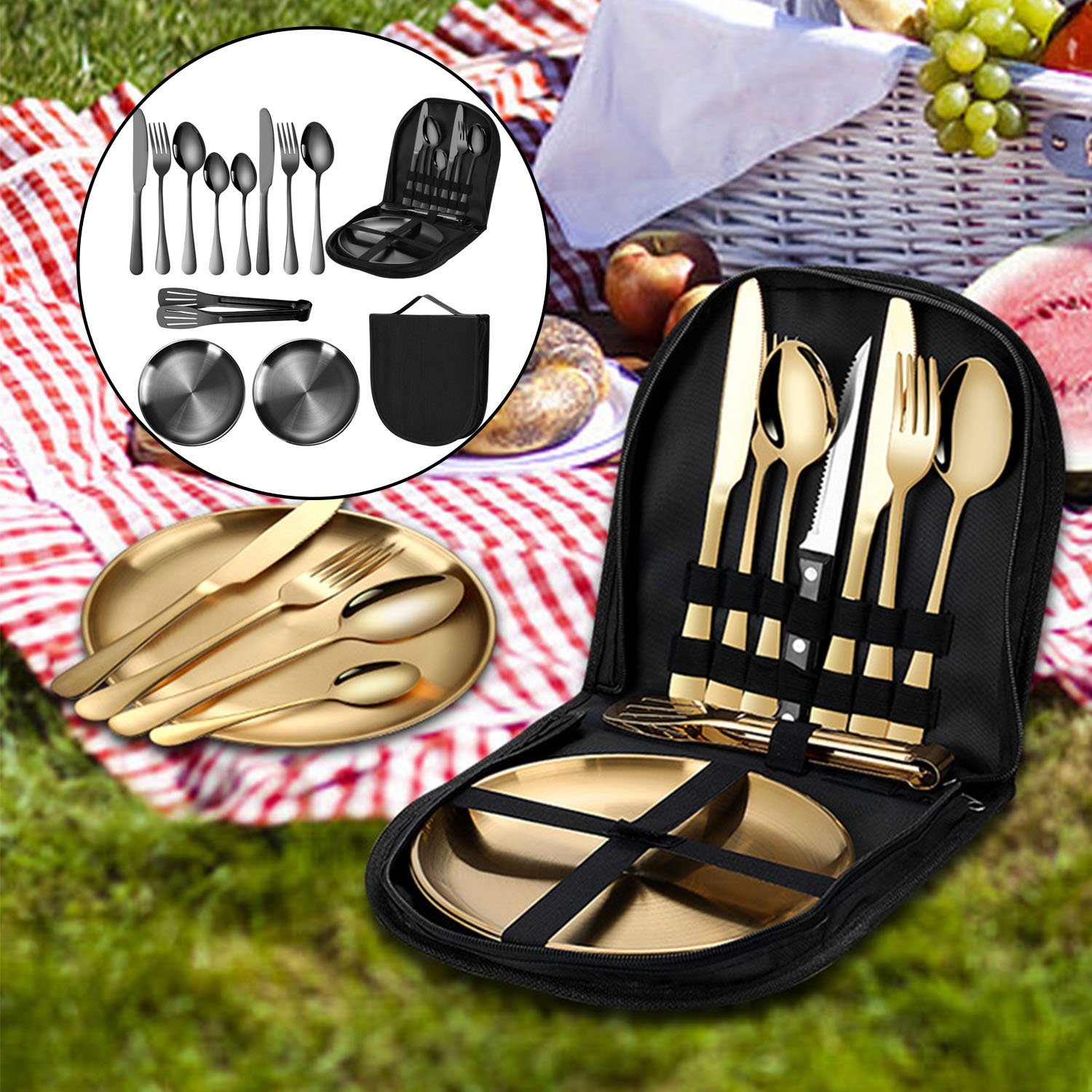 MAGICSHE Besteck-Set Campingbesteck 11er-Set Besteck Edelstahl für Outdoor Schwarz