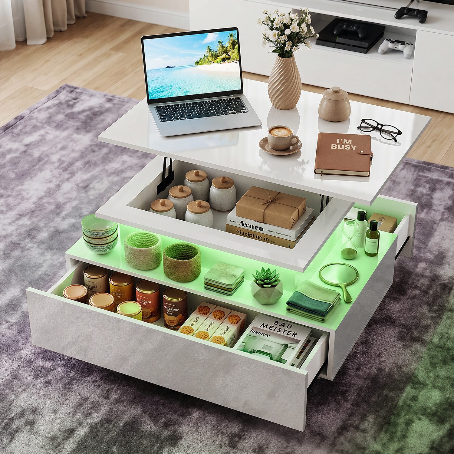 oyajia Couchtisch Hochglanz Wohnzimmertisch Mit LED Beleuchtung, Höhenverstellbarer (Bluetooth-Fernbedienung.App-Steuerung, offenen Fächern,stabil, pflegeleicht, Hochglanz-Design, 85 x 55 x 42-59.5cm Beistelltisch), mit 2 Schubladen und Stauraum