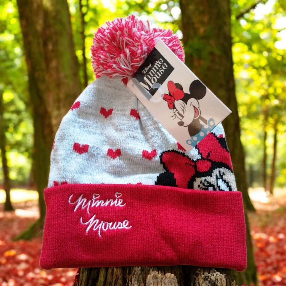 Disney Minnie Mouse Strickmütze Minnie Mouse Strickmütze für Mädchen, Rot-Grau, 100% Acryl, 52 & 54
