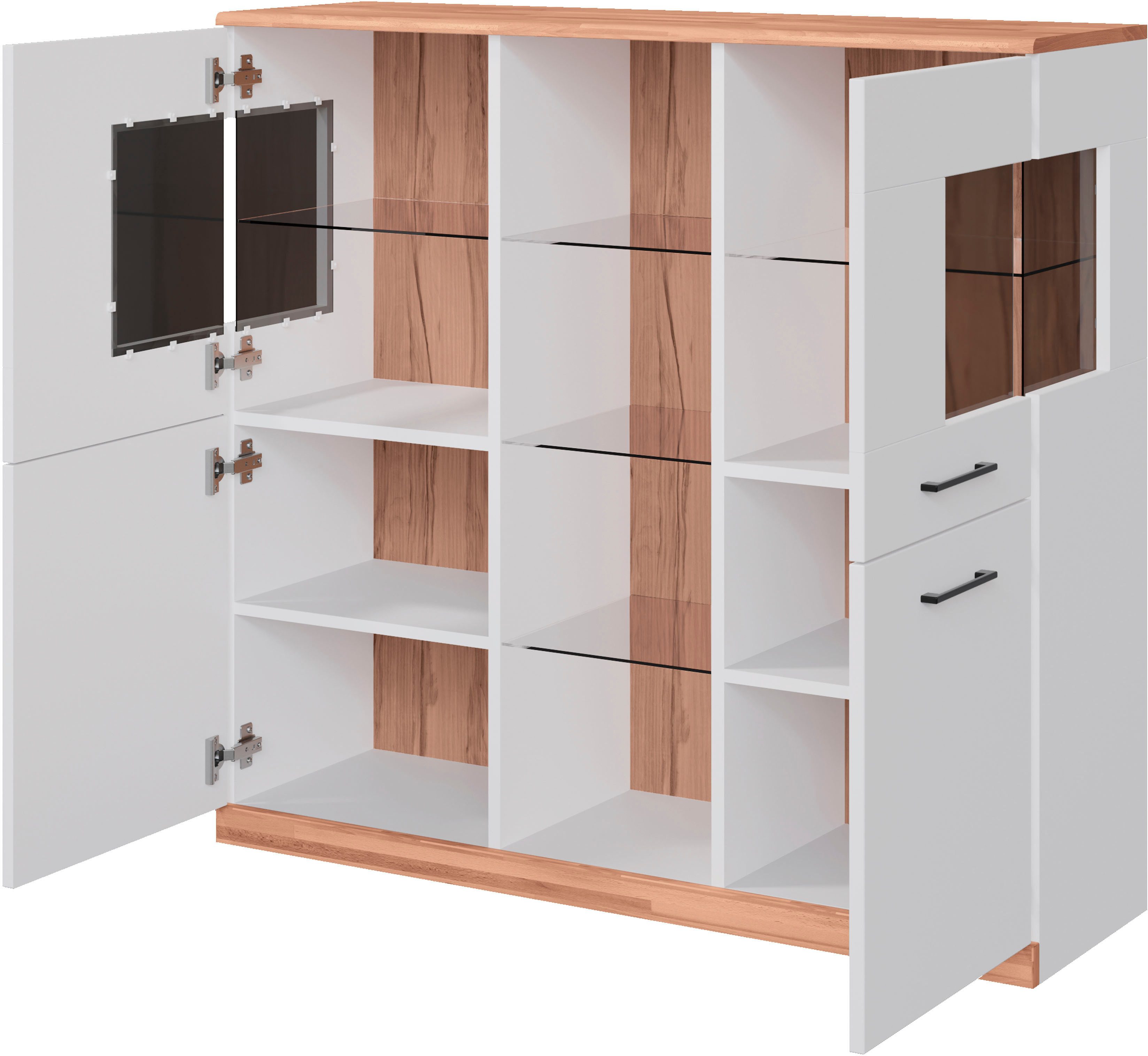 OTTO home Highboard Ribe,120cm breit,112cm hoch,Oberplatte massiv,12 Fächer, Oberplatte Massivholz,schwarze Metall Griffe,2 Türen mit Glaseinsatz