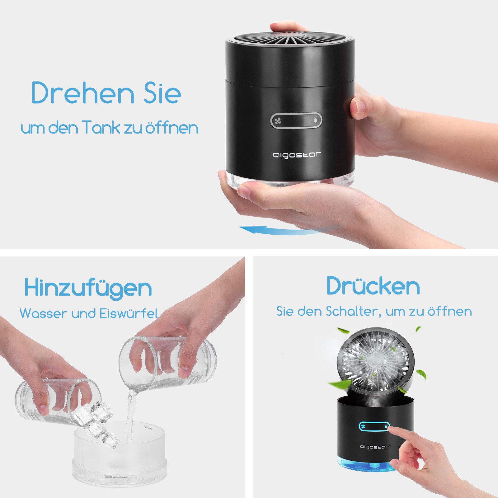 Darryy USB Tischventilator Mit Wasserkühlung - 3 Stufen & Nachtlicht | Tragbarer Mini Luftkühler