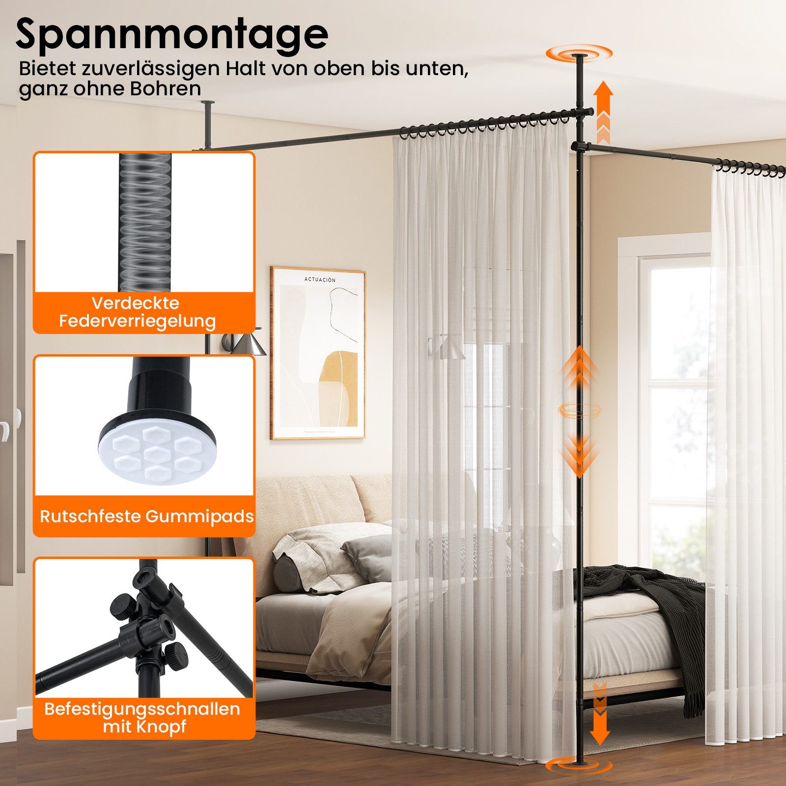 COSTWAY Raumteiler, Gardinenstange flexibel verstellbare Vorhangstange ohne Bohren