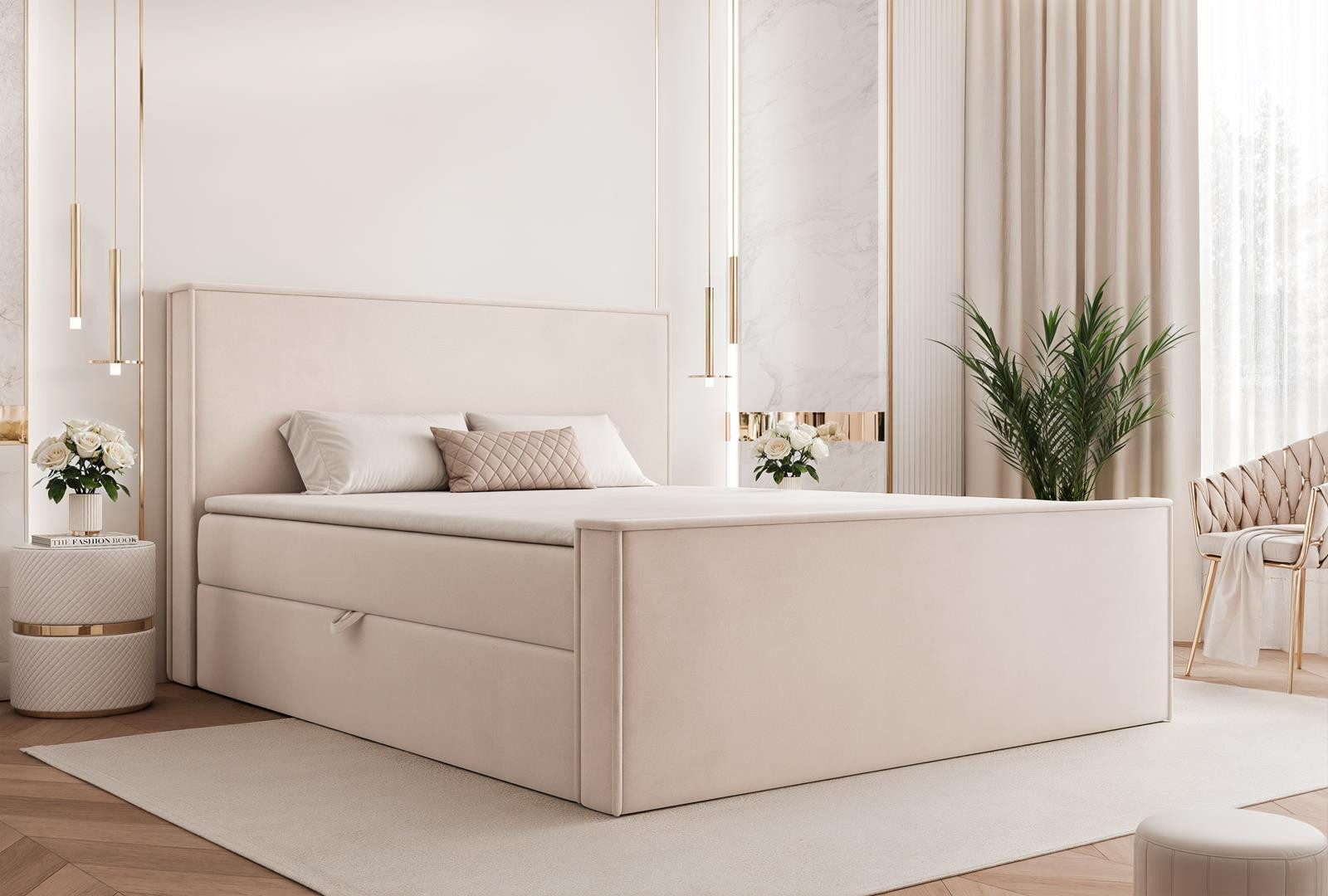 Compleo Boxspringbett Klasisch Design, gepolstertes Kopfteil mit Bettkasten, Bonell, Topper, Doppelbett