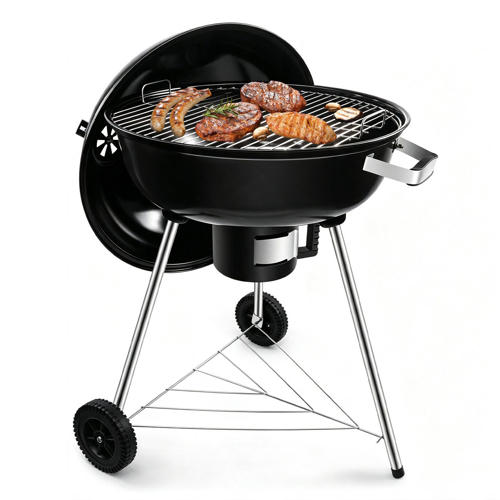 SunJas Holzkohlegrill Emaille Kugelgrill Campinggrill mit Deckel und Rädern, Gartengrill Mobiler Grill Outdoor Grill BBQ Grill, Grillrostmaße Ø54cm für 5-10 Personen