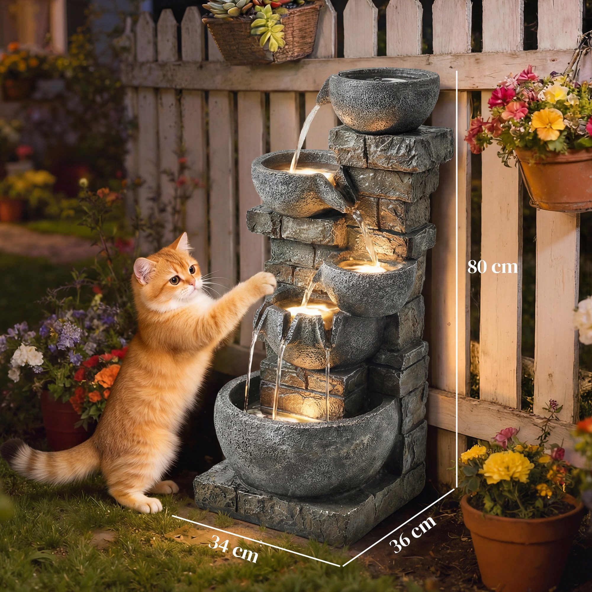 Outsunny Gartenbrunnen mit LED Beleuchtung, Pumpe, Steinoptik, 36 cm Breite, Wasserbecken BxT: 36x34 cm, (Springbrunnen, 1 tlg., Zimmerbrunnen), für Garten Terrasse 34 x 36 x 80 cm