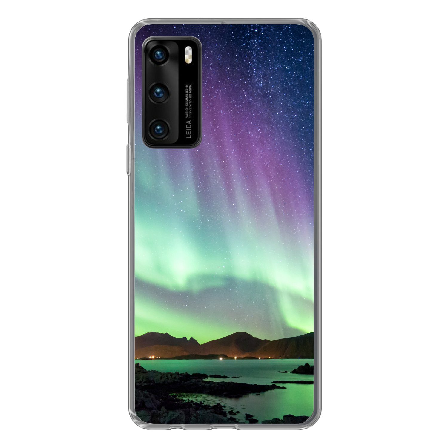 MuchoWow Handyhülle für Huawei P40 Nordlicht - Grün - Lila - Sternenhimmel - See - Berg, Handy Case, Silikon, Bumper Case Dünn